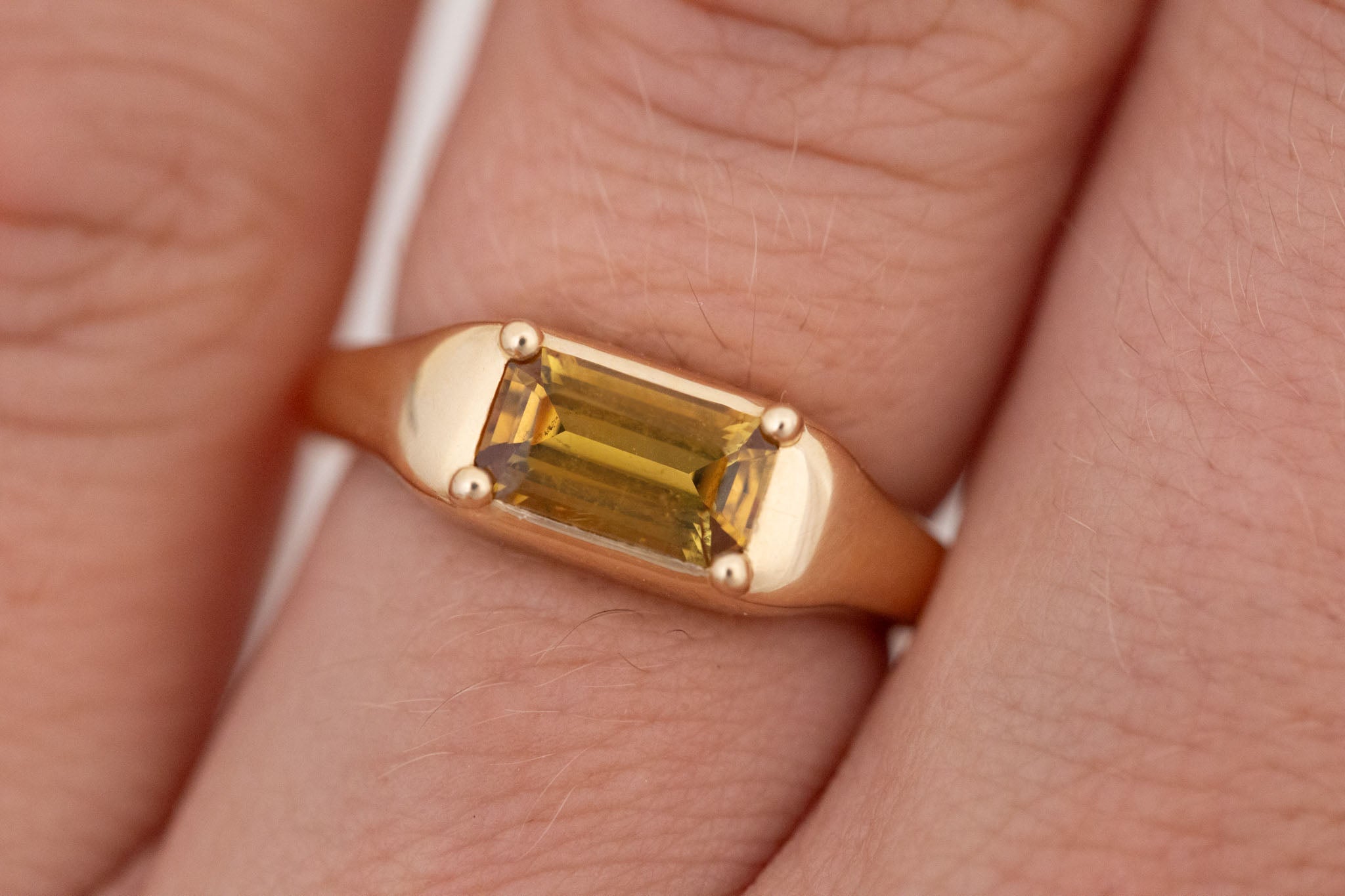 Donovan Ring | Ochre Emerald Cut Sapphire Signet Engagement Ring | 14k Recycled Gold | One of a Kind