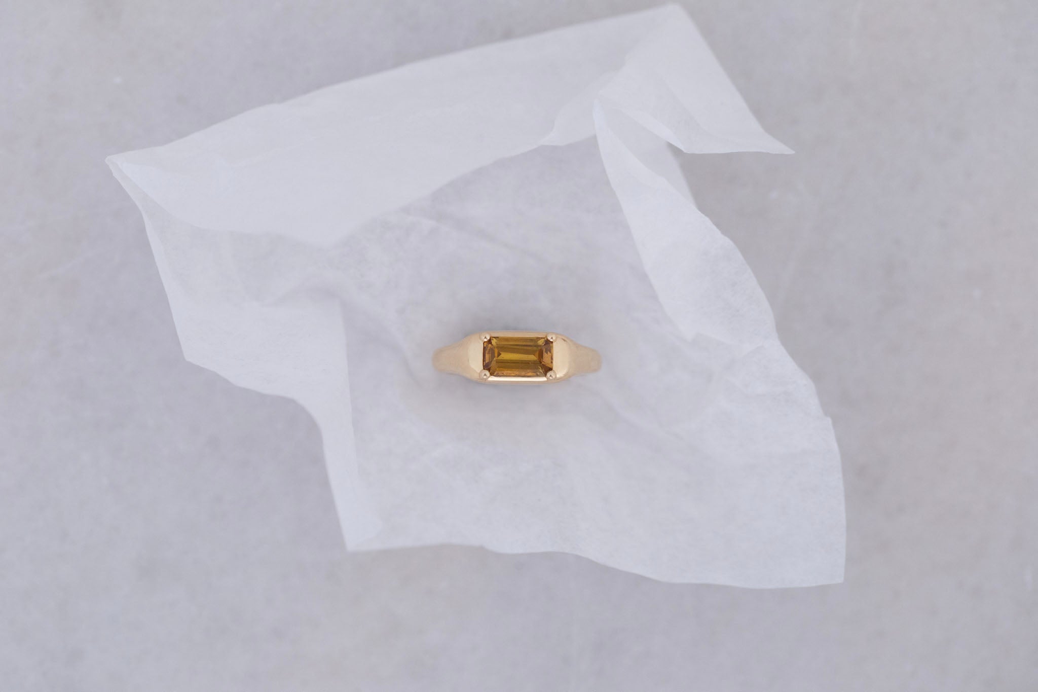 Donovan Ring | Ochre Emerald Cut Sapphire Signet Engagement Ring | 14k Recycled Gold | One of a Kind