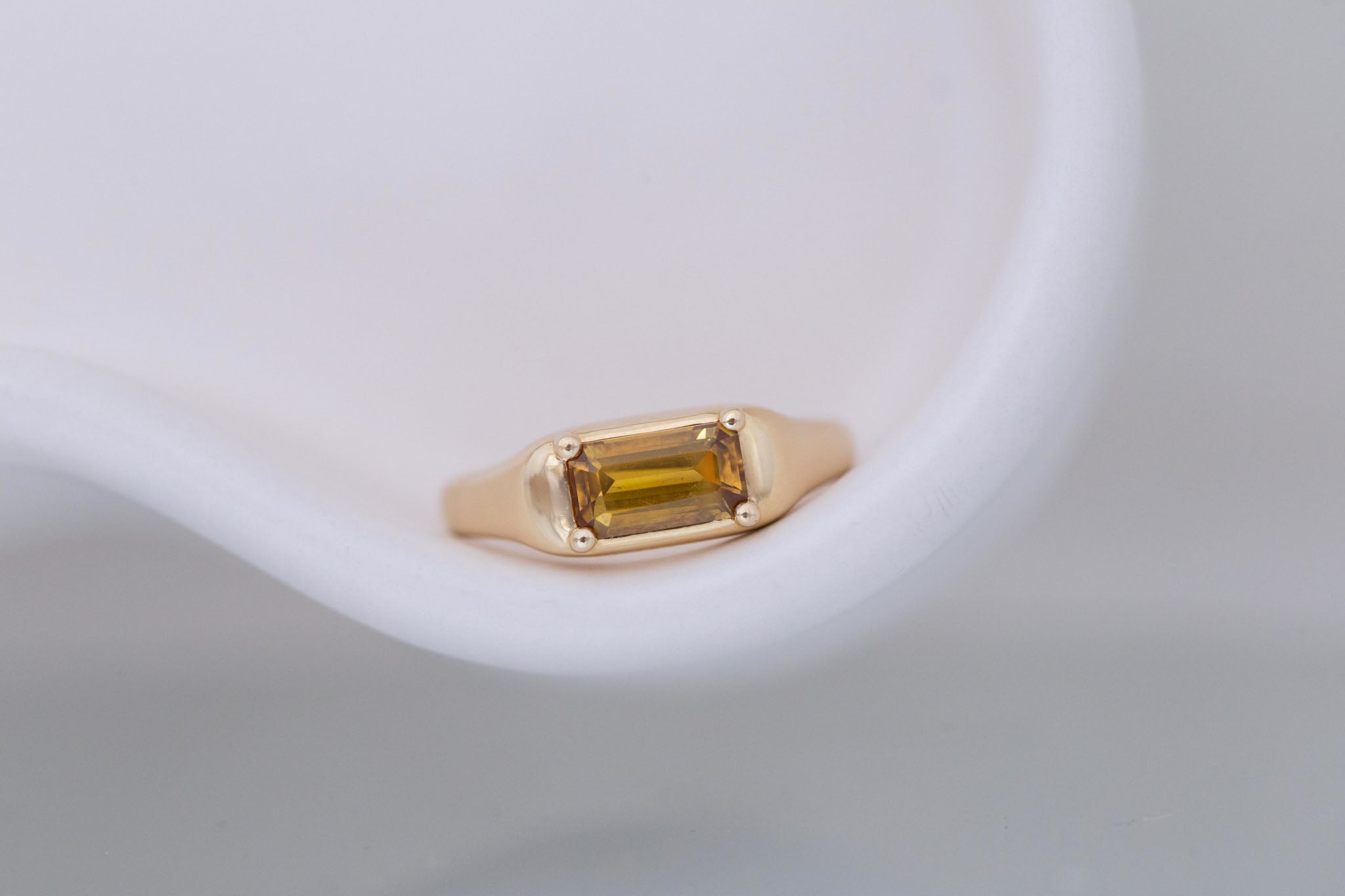 Donovan Ring | Ochre Emerald Cut Sapphire Signet Engagement Ring | 14k Recycled Gold | One of a Kind