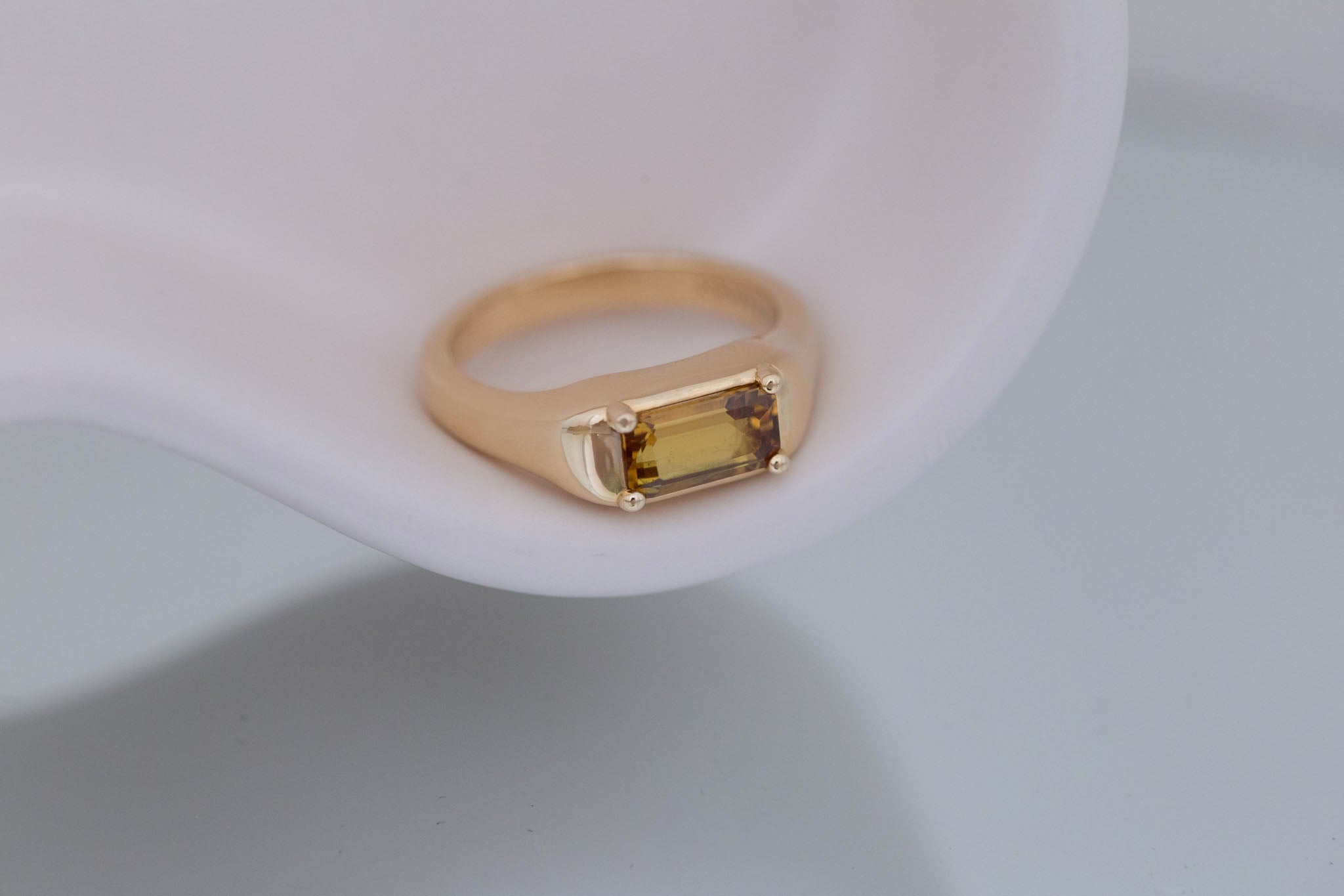 Donovan Ring | Ochre Emerald Cut Sapphire Signet Engagement Ring | 14k Recycled Gold | One of a Kind