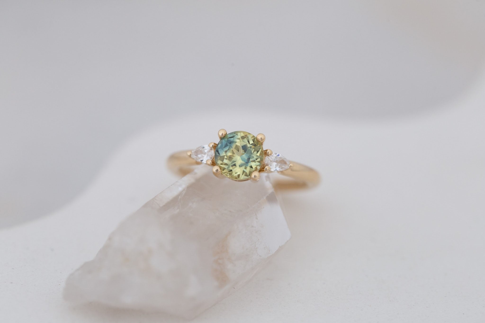 Iris Ring | Bicolor Green + Yellow Sapphire + Pear Diamond Accent Engagement Ring 1.35 ct | 14k Recycled Gold | One of a Kind
