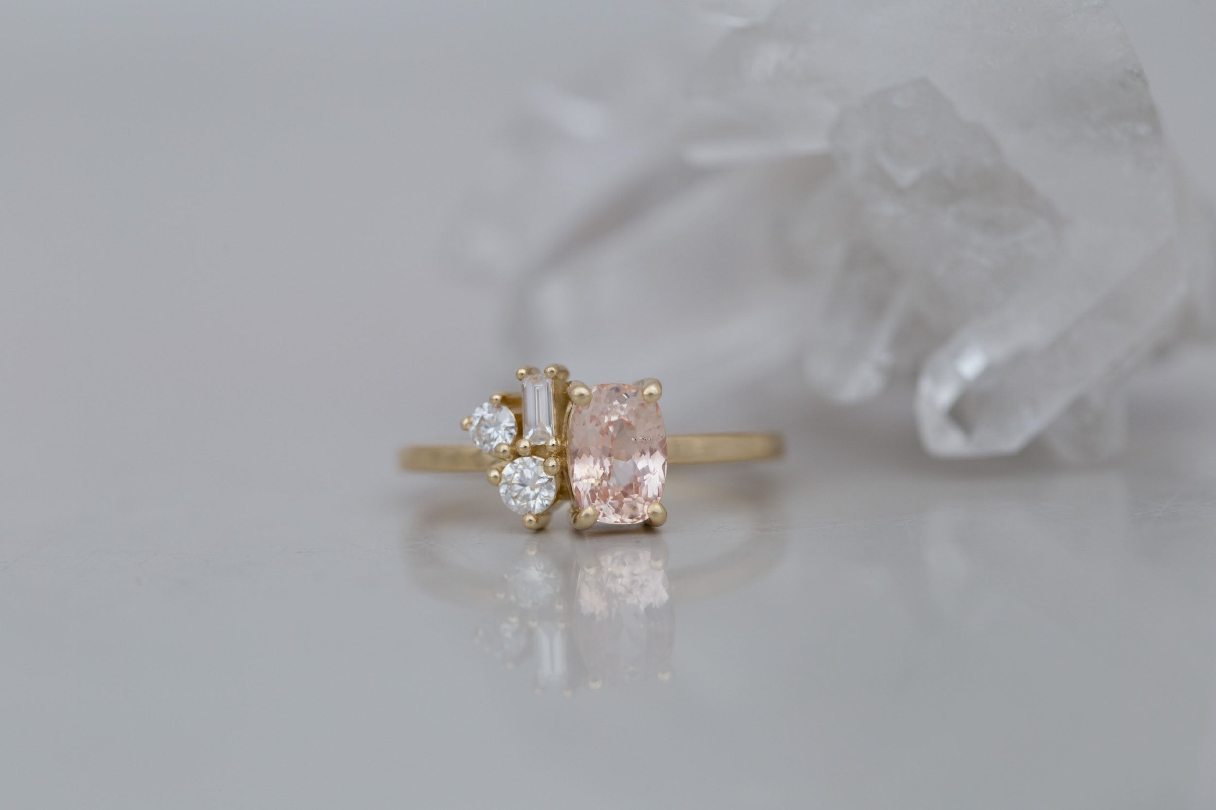 Emory Ring | Peach Sapphire + Baguette and Round Diamond Cluster Engagement Ring 1.35 ct | 14k Recycled Gold | One of a Kind