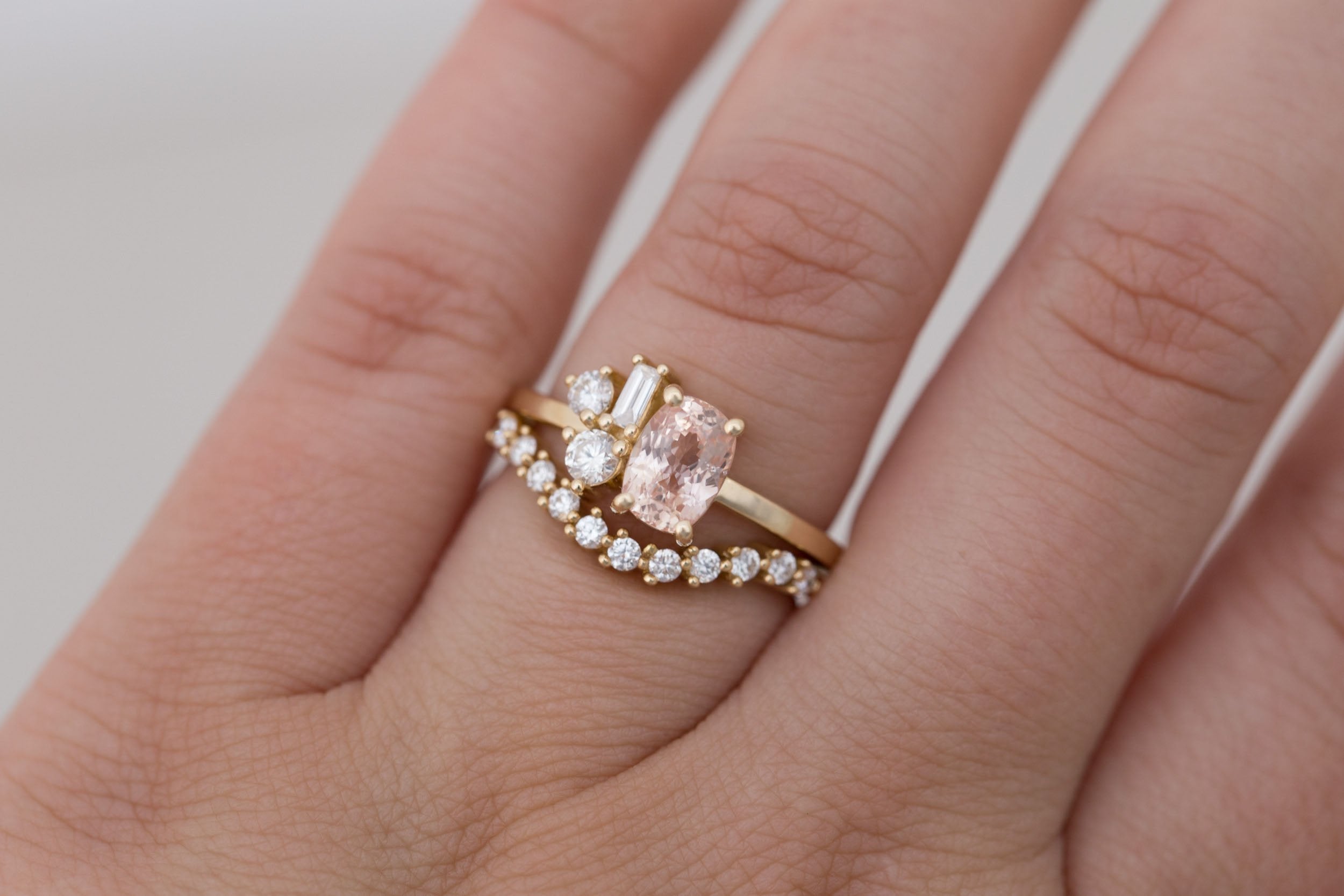 Emory Ring | Peach Sapphire + Baguette and Round Diamond Cluster Engagement Ring 1.35 ct | 14k Recycled Gold | One of a Kind