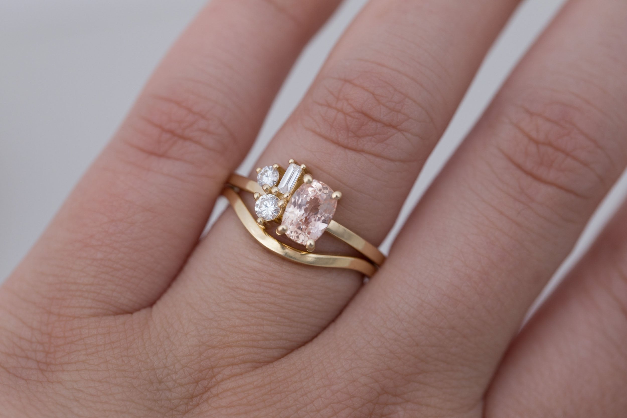 Emory Ring | Peach Sapphire + Baguette and Round Diamond Cluster Engagement Ring 1.35 ct | 14k Recycled Gold | One of a Kind