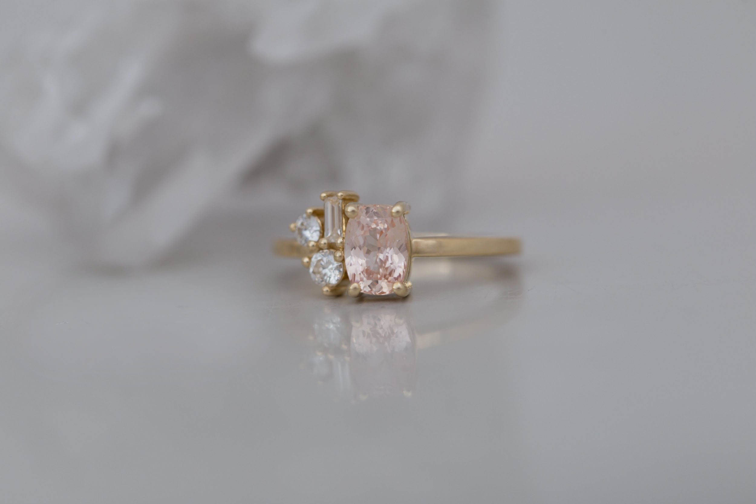 Emory Ring | Peach Sapphire + Baguette and Round Diamond Cluster Engagement Ring 1.35 ct | 14k Recycled Gold | One of a Kind