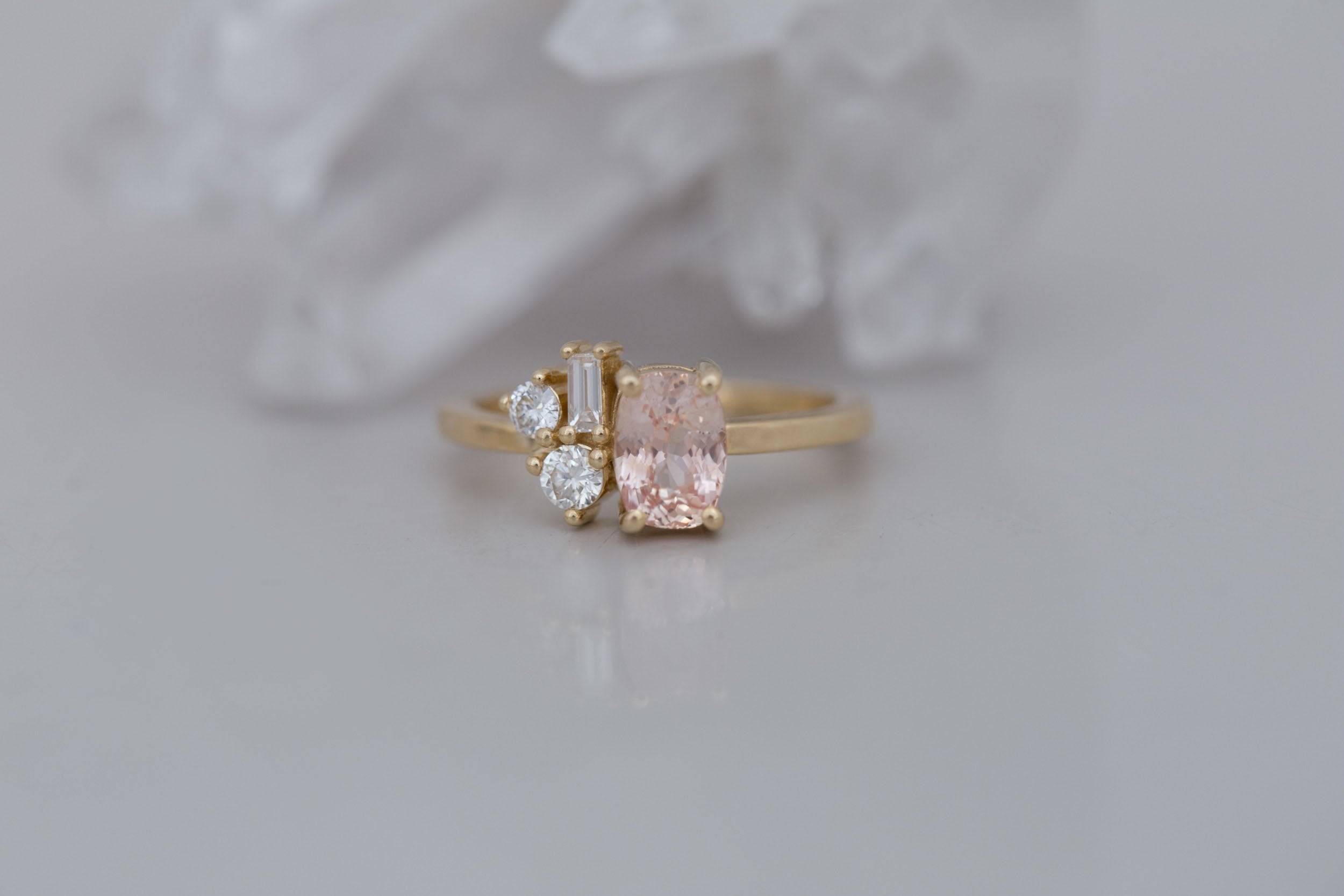 Emory Ring | Peach Sapphire + Baguette and Round Diamond Cluster Engagement Ring 1.35 ct | 14k Recycled Gold | One of a Kind