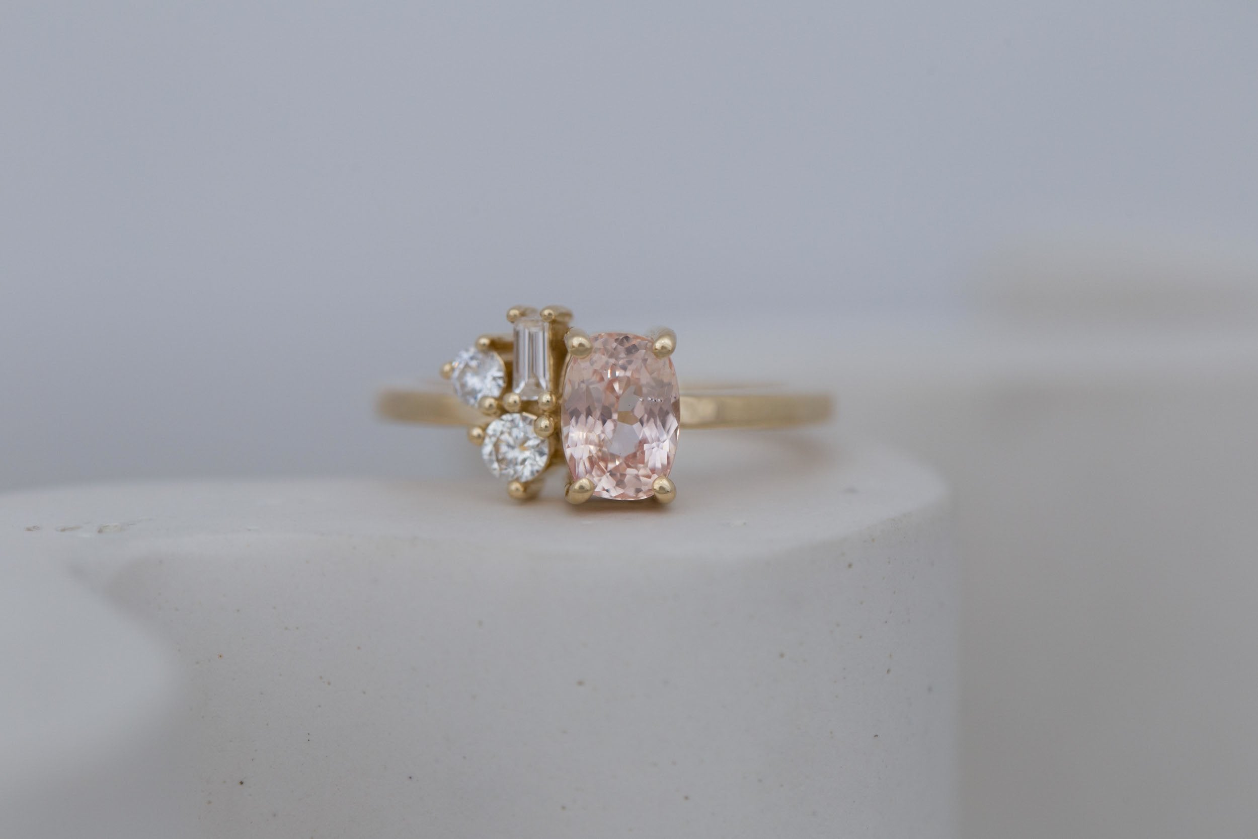 Emory Ring | Peach Sapphire + Baguette and Round Diamond Cluster Engagement Ring 1.35 ct | 14k Recycled Gold | One of a Kind