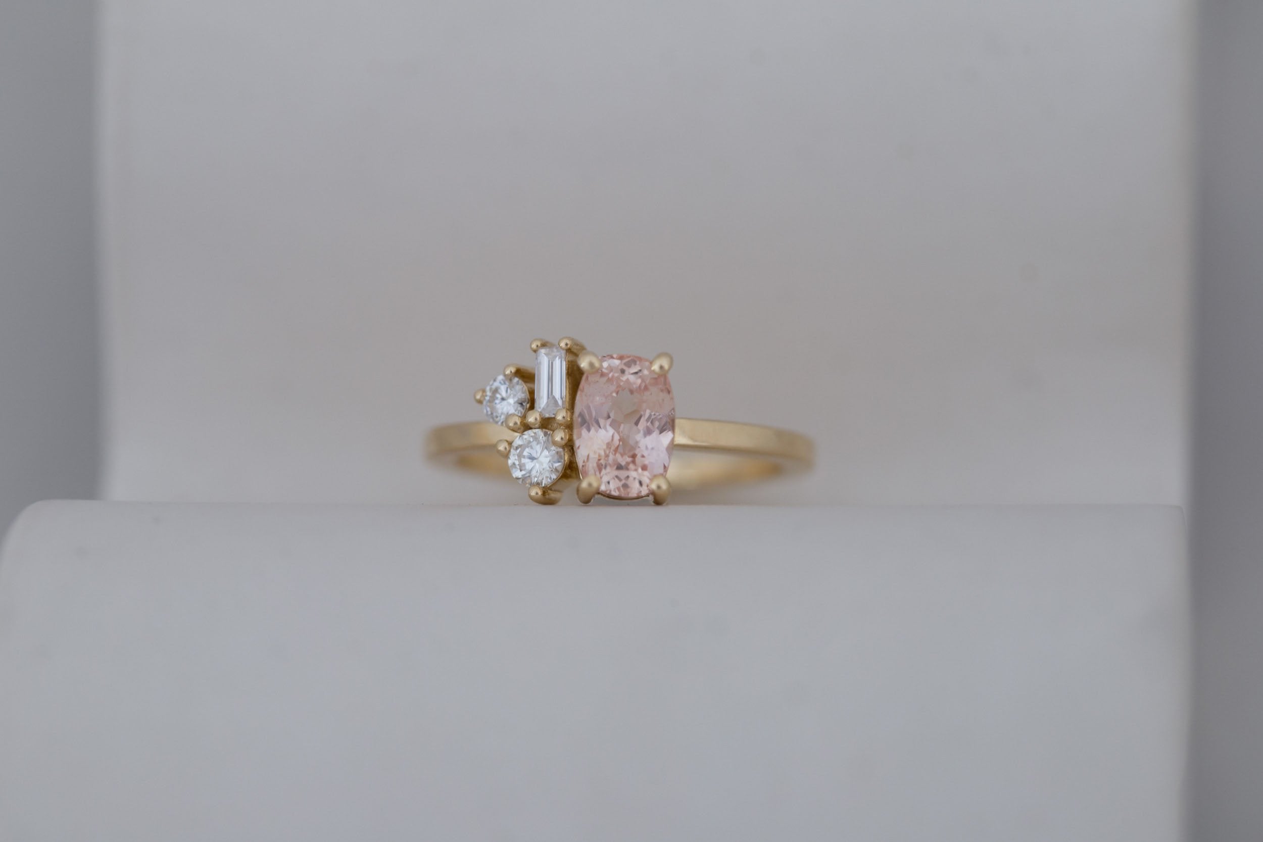 Emory Ring | Peach Sapphire + Baguette and Round Diamond Cluster Engagement Ring 1.35 ct | 14k Recycled Gold | One of a Kind