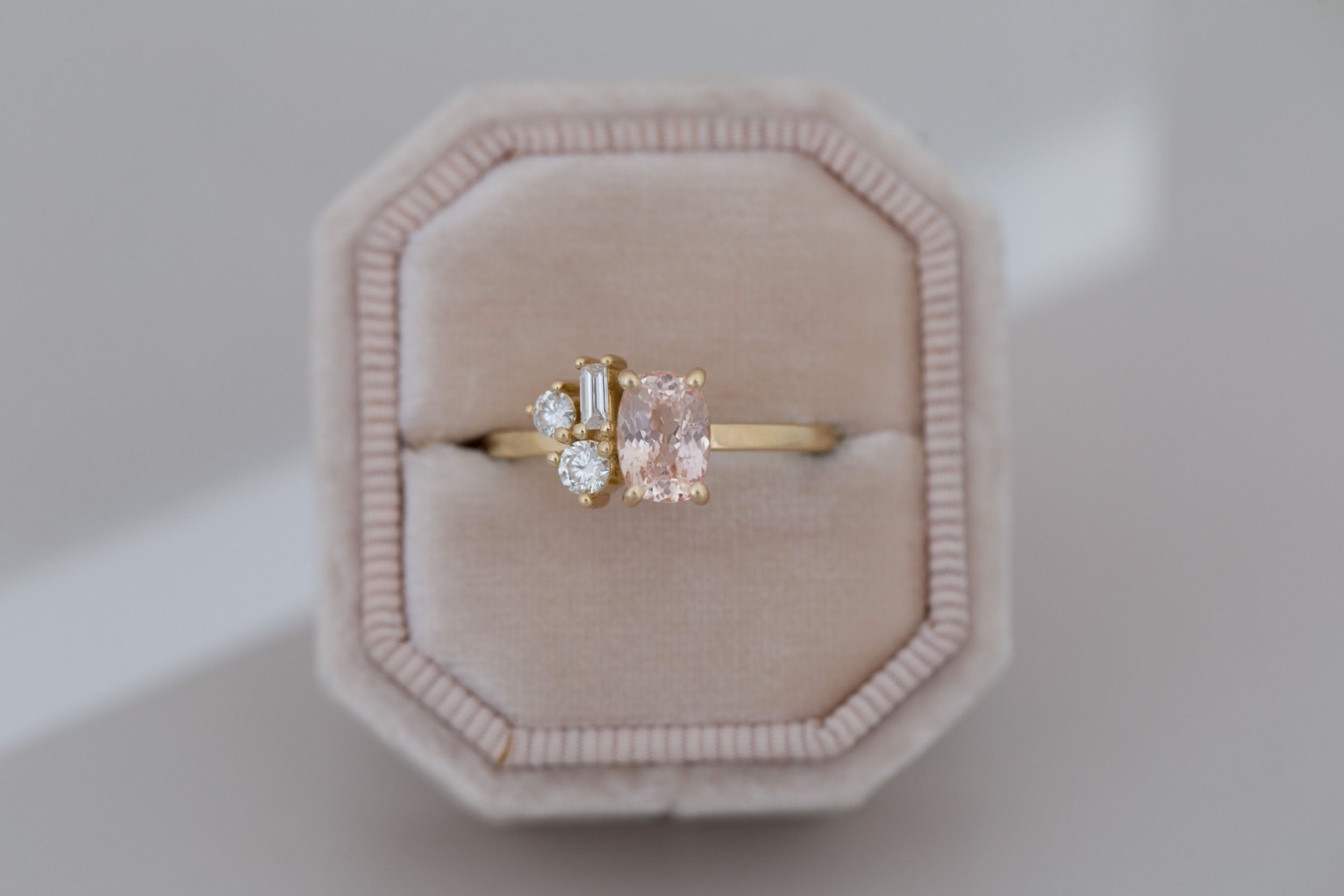 Emory Ring | Peach Sapphire + Baguette and Round Diamond Cluster Engagement Ring 1.35 ct | 14k Recycled Gold | One of a Kind