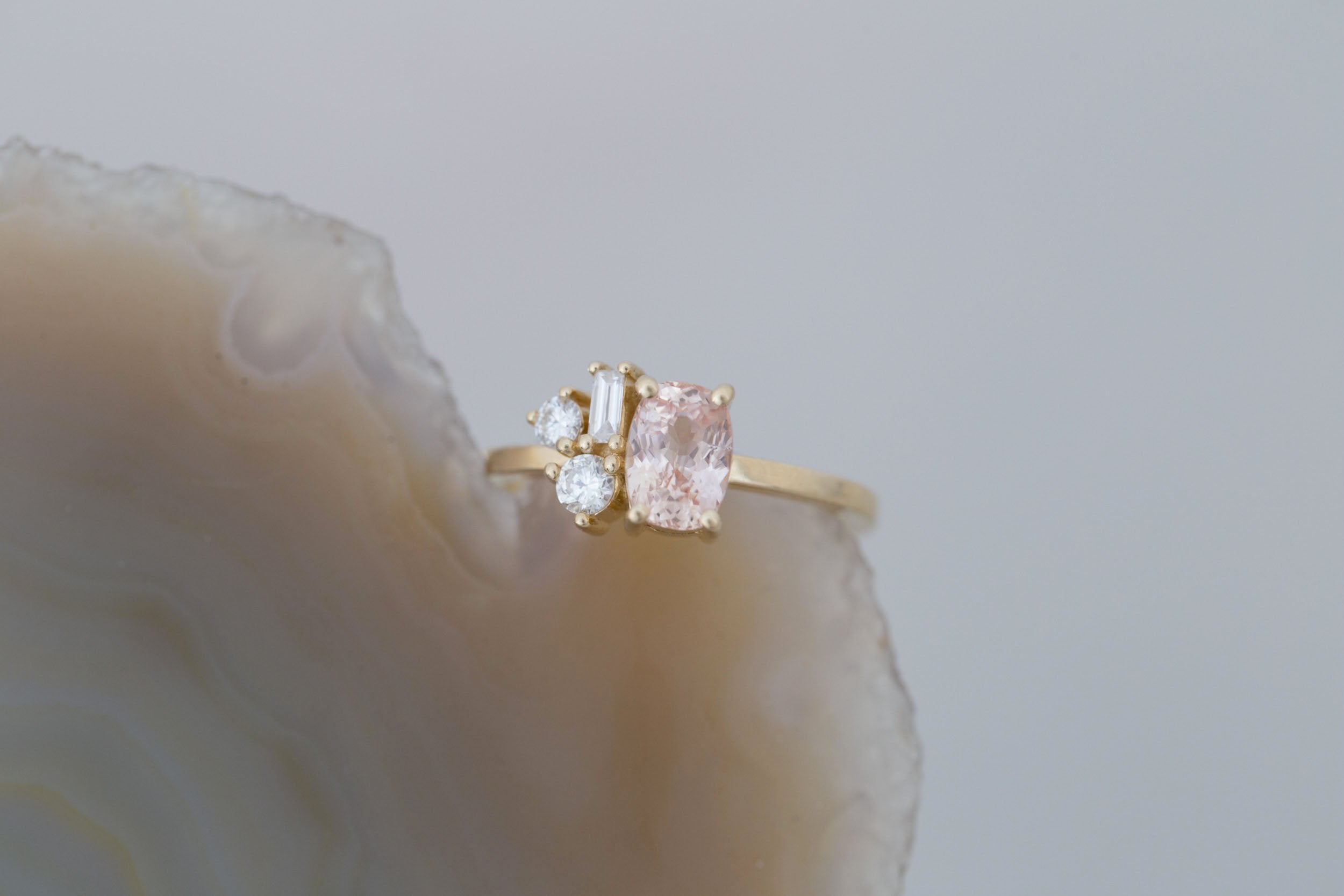 Emory Ring | Peach Sapphire + Baguette and Round Diamond Cluster Engagement Ring 1.35 ct | 14k Recycled Gold | One of a Kind