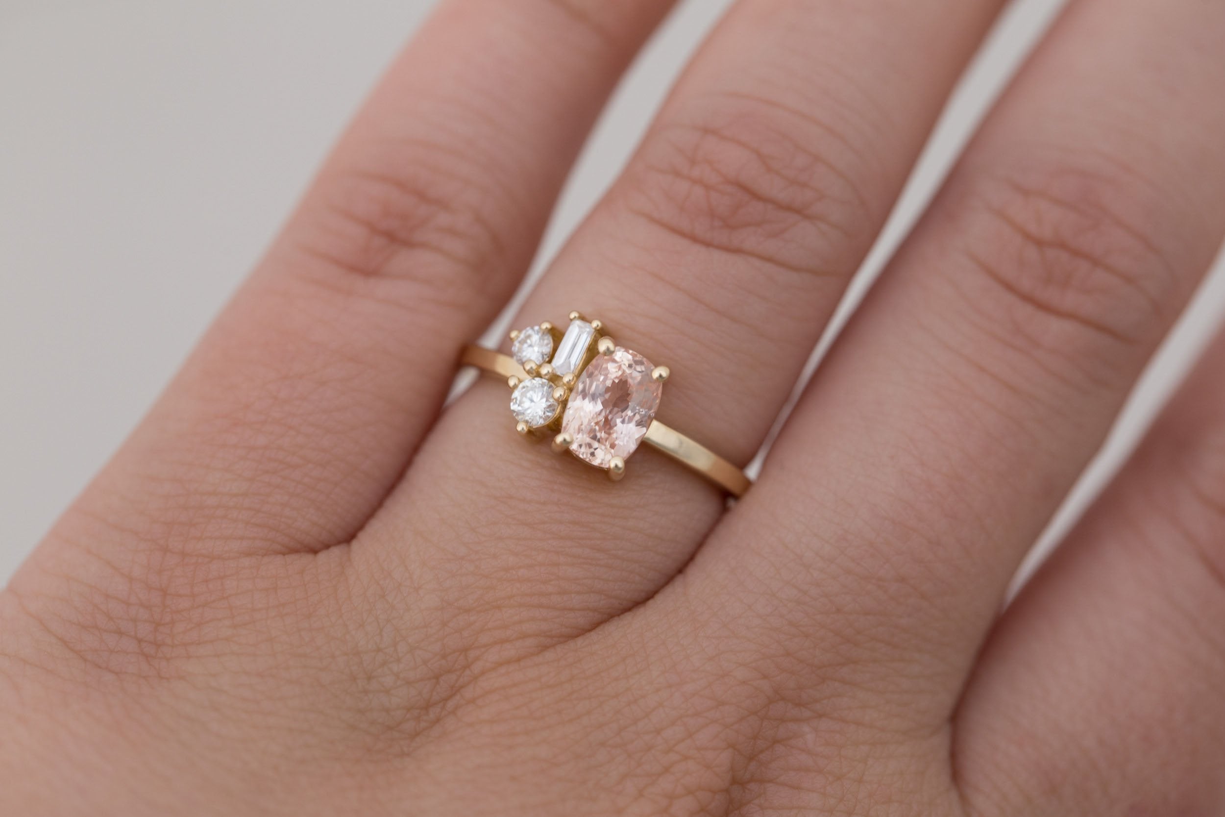 Emory Ring | Peach Sapphire + Baguette and Round Diamond Cluster Engagement Ring 1.35 ct | 14k Recycled Gold | One of a Kind