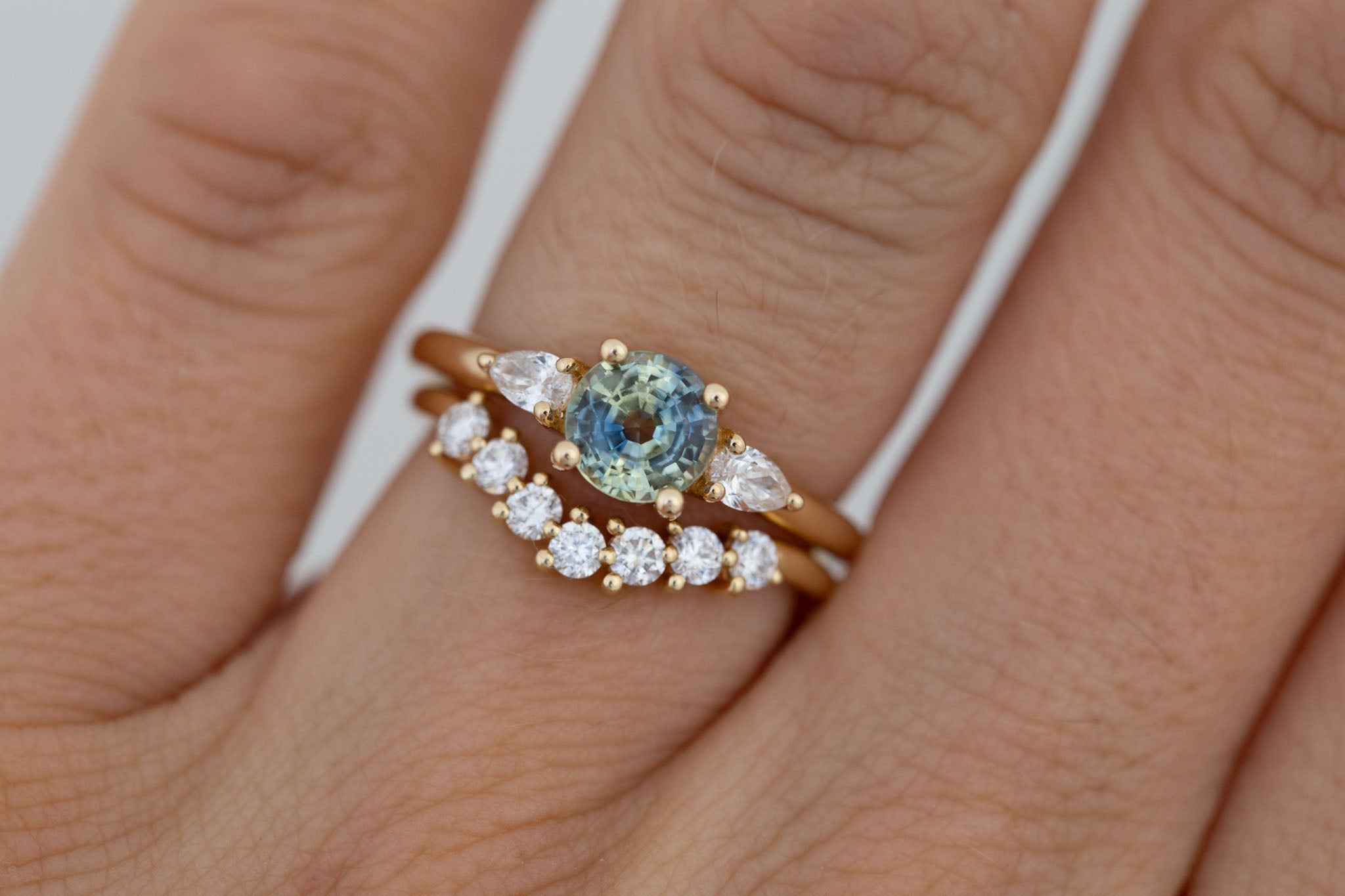 Iris Ring | Bicolor Sapphire + Pear Diamond Accent Engagement Ring 1.27 ct | 14k Recycled Gold | One of a Kind