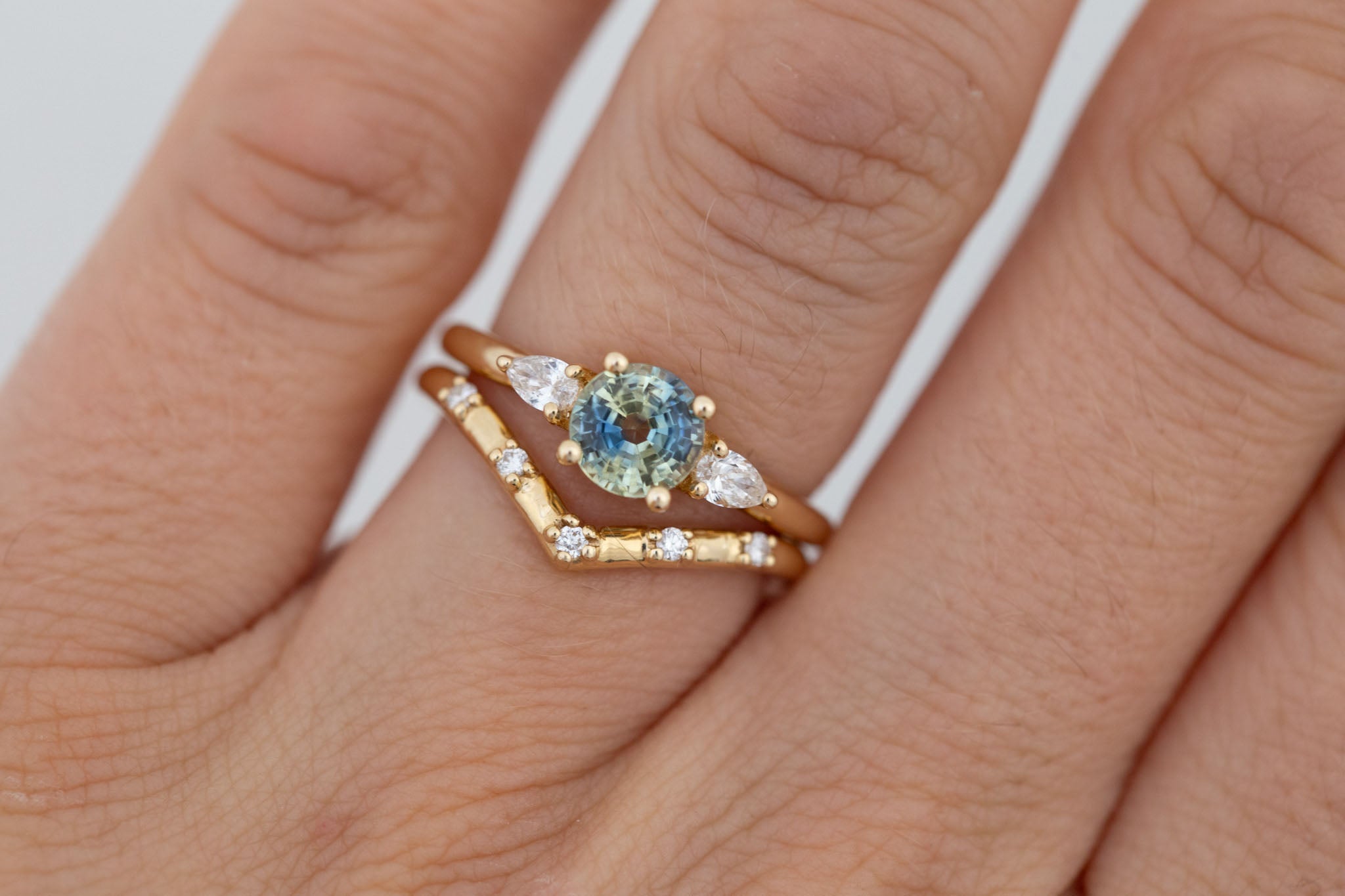 Iris Ring | Bicolor Sapphire + Pear Diamond Accent Engagement Ring 1.27 ct | 14k Recycled Gold | One of a Kind