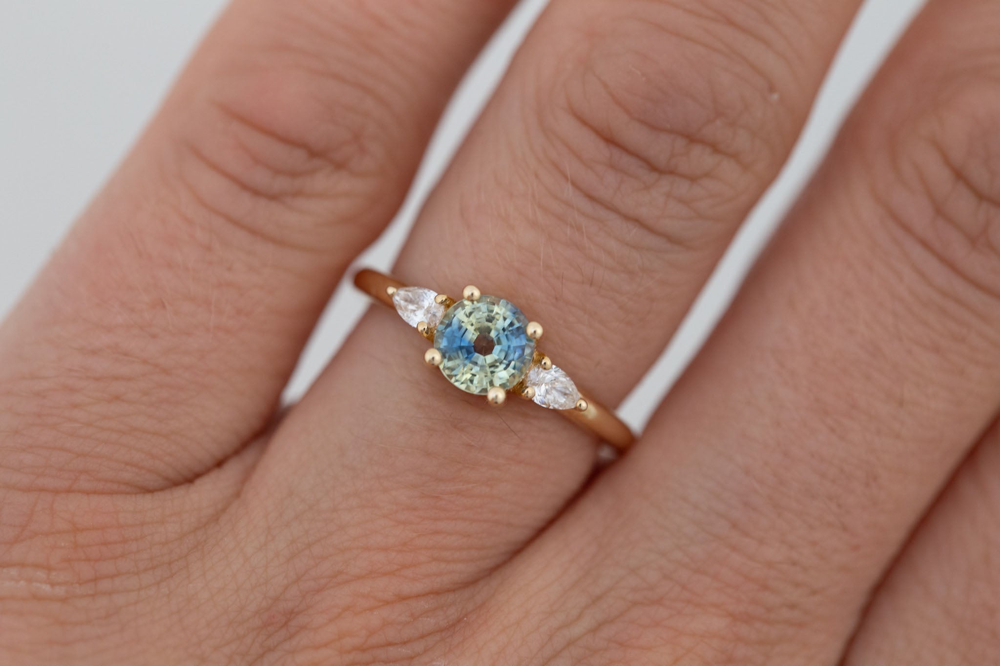 Iris Ring | Bicolor Sapphire + Pear Diamond Accent Engagement Ring 1.27 ct | 14k Recycled Gold | One of a Kind