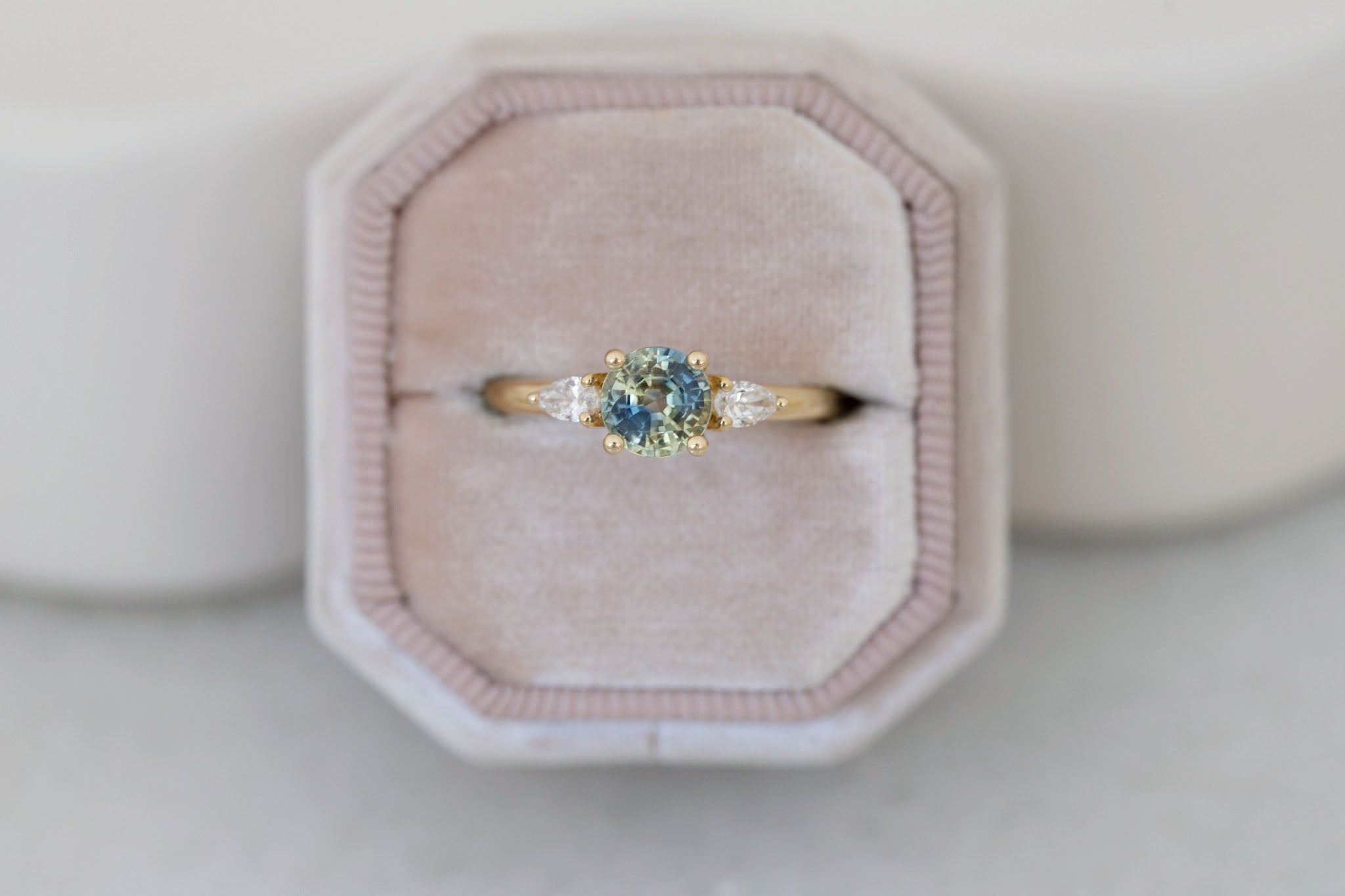 Iris Ring | Bicolor Sapphire + Pear Diamond Accent Engagement Ring 1.27 ct | 14k Recycled Gold | One of a Kind