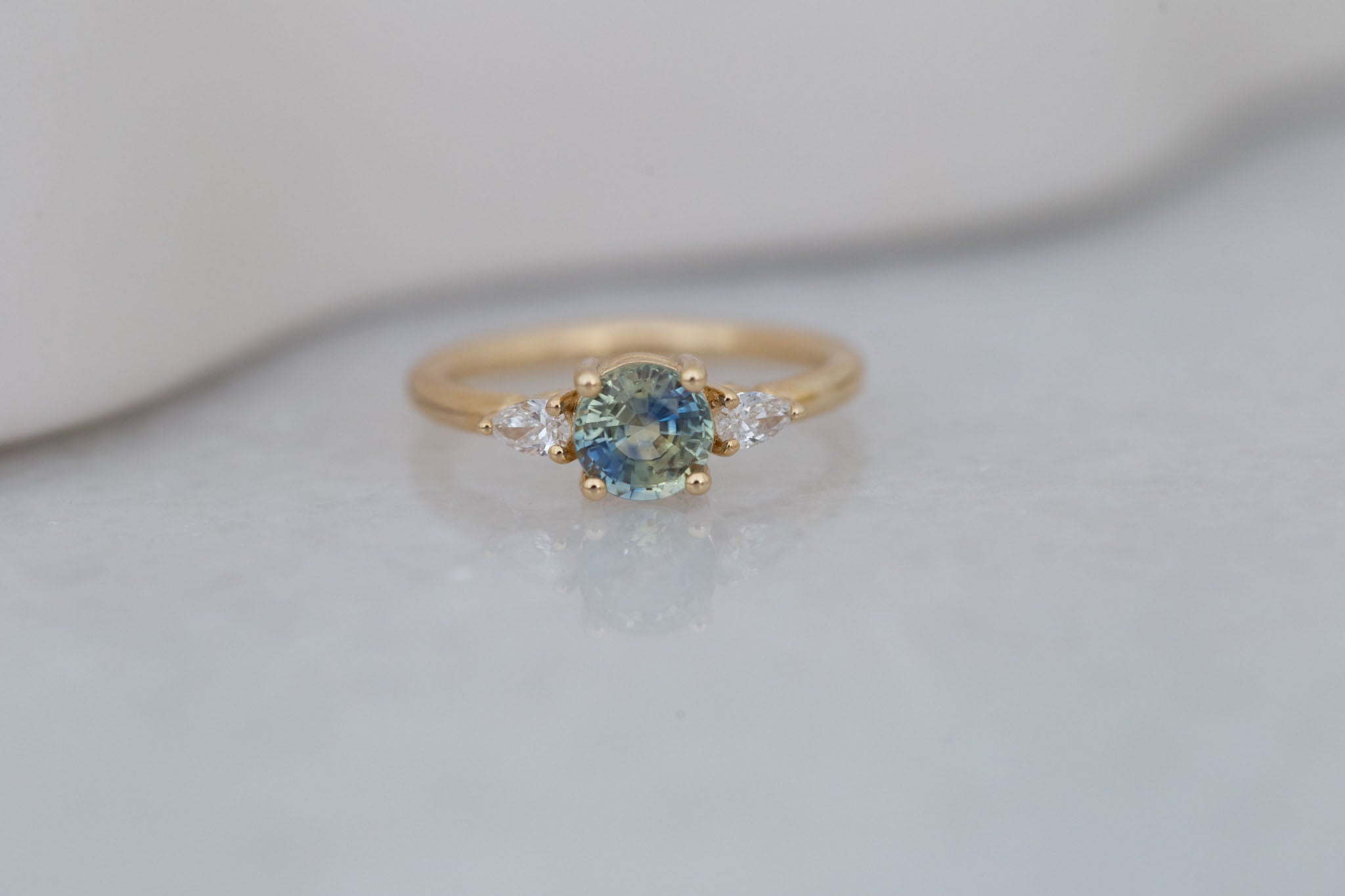 Iris Ring | Bicolor Sapphire + Pear Diamond Accent Engagement Ring 1.27 ct | 14k Recycled Gold | One of a Kind
