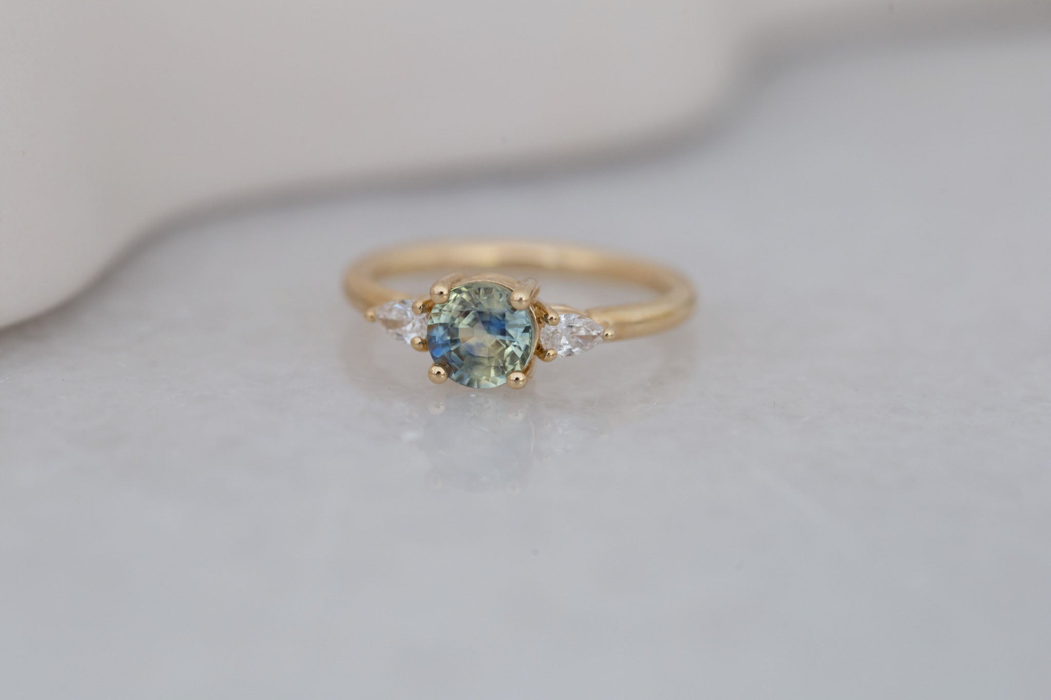 Iris Ring | Bicolor Sapphire + Pear Diamond Accent Engagement Ring 1.27 ct | 14k Recycled Gold | One of a Kind