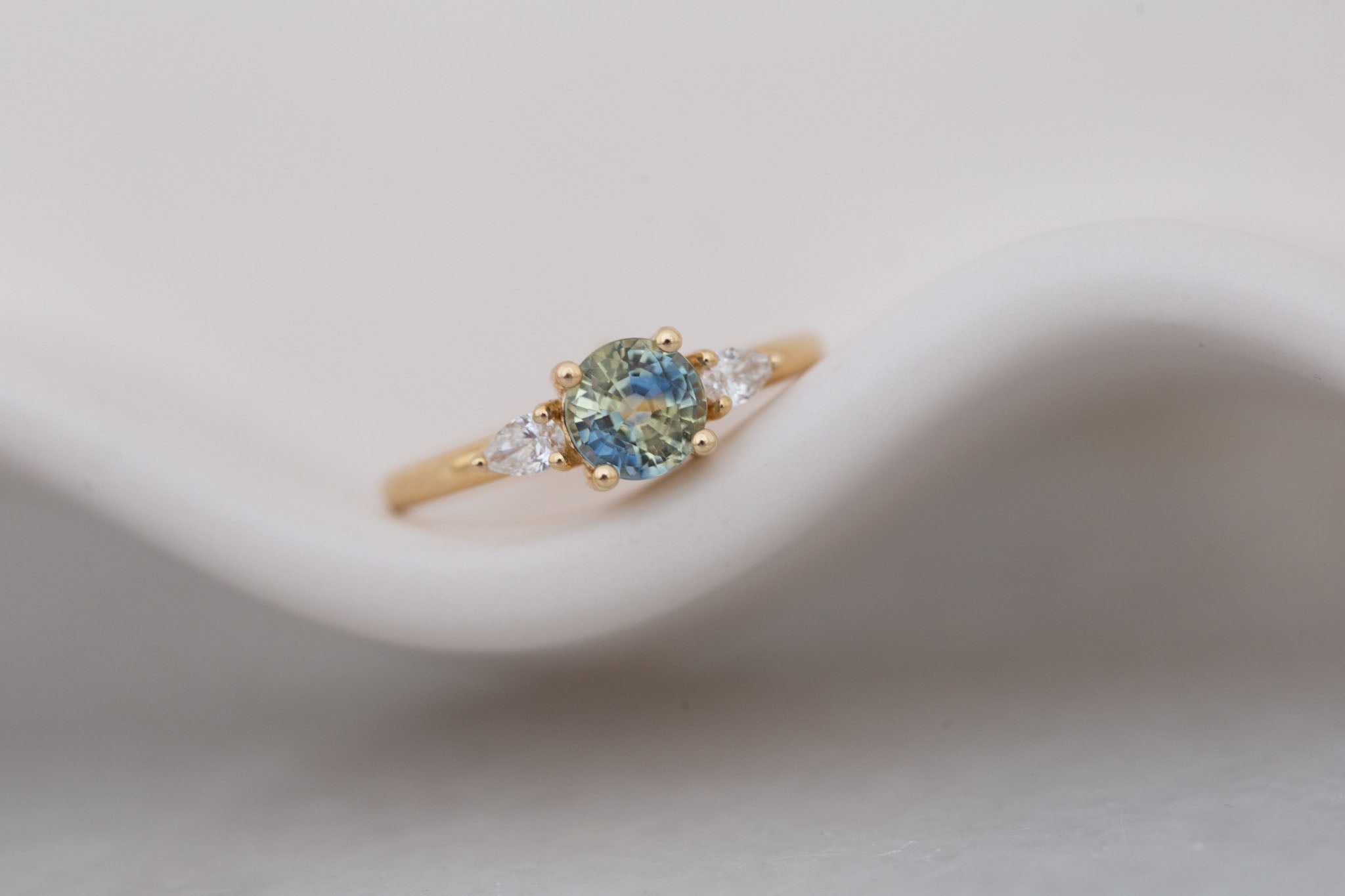 Iris Ring | Bicolor Sapphire + Pear Diamond Accent Engagement Ring 1.27 ct | 14k Recycled Gold | One of a Kind
