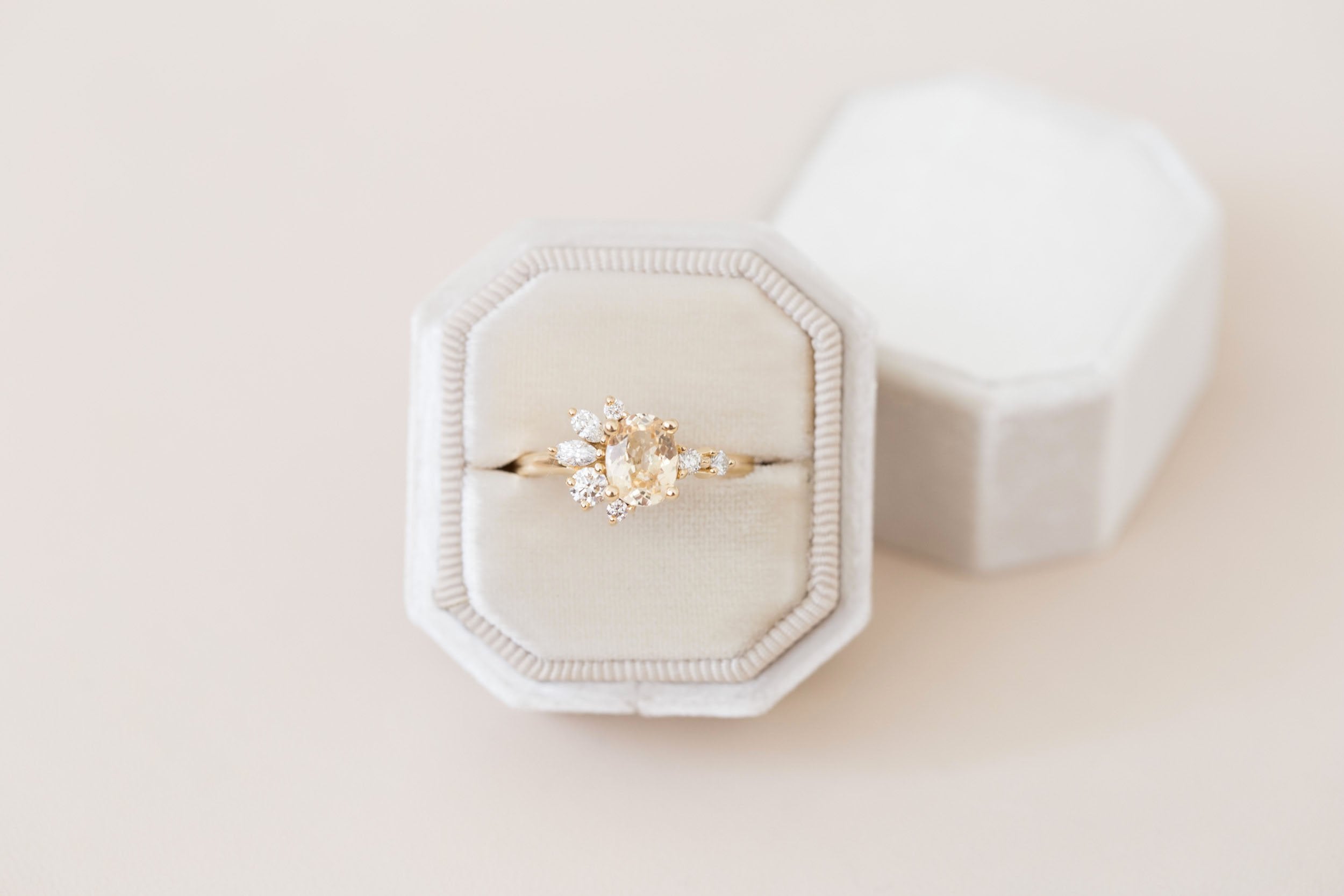 Ambretta Ring | Apricot Oval Sapphire + Diamond Cluster Engagement Ring 1.36 ct | 14k Recycled Gold | One of a Kind