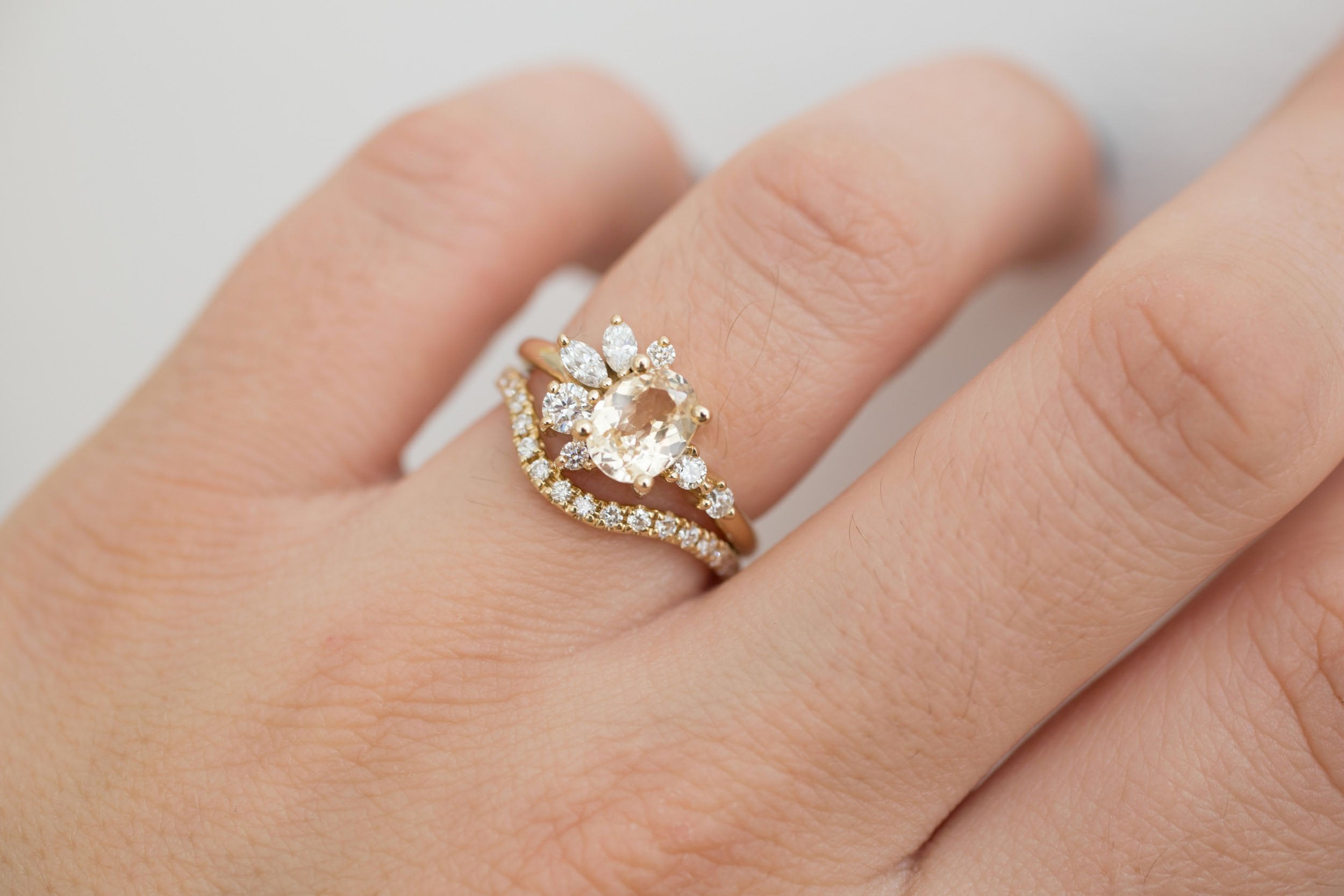 Ambretta Ring | Apricot Oval Sapphire + Diamond Cluster Engagement Ring 1.36 ct | 14k Recycled Gold | One of a Kind