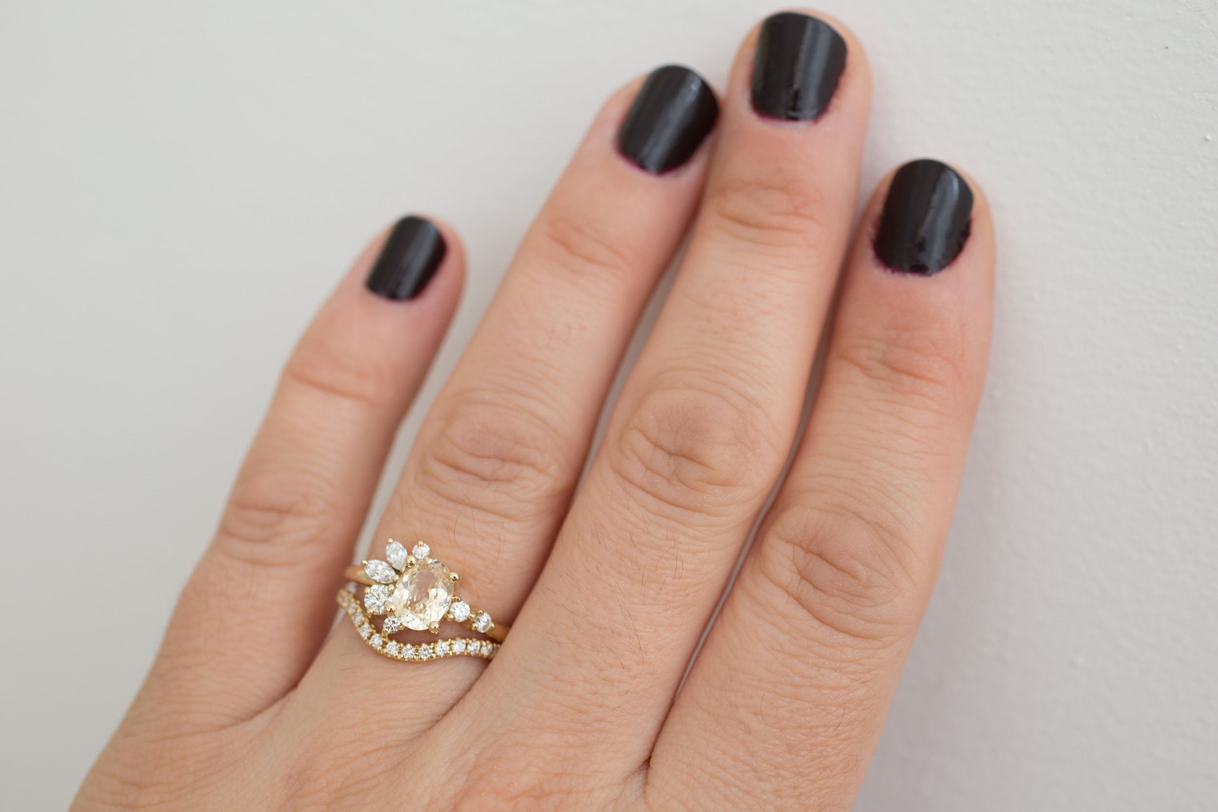 Ambretta Ring | Apricot Oval Sapphire + Diamond Cluster Engagement Ring 1.36 ct | 14k Recycled Gold | One of a Kind