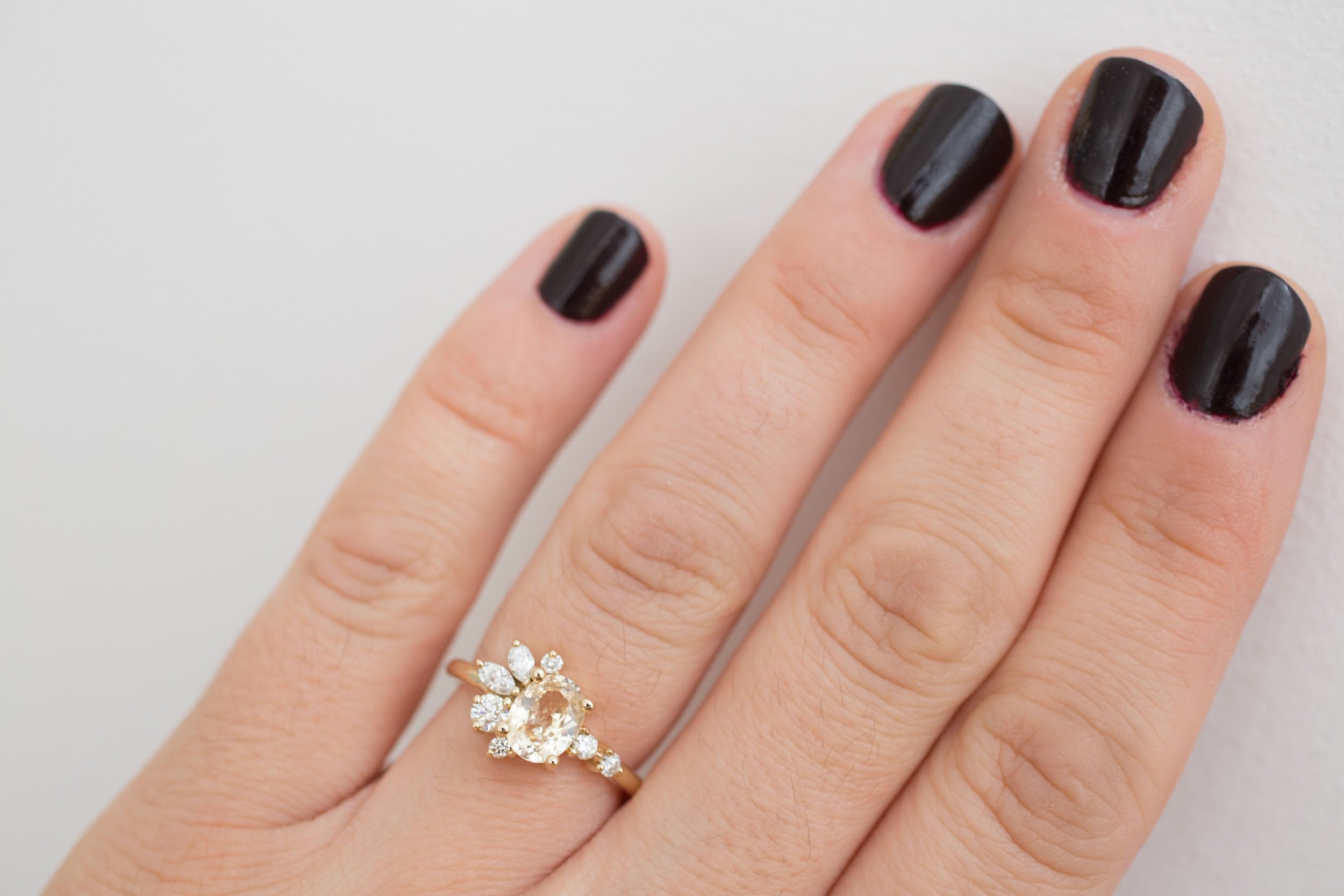 Ambretta Ring | Apricot Oval Sapphire + Diamond Cluster Engagement Ring 1.36 ct | 14k Recycled Gold | One of a Kind