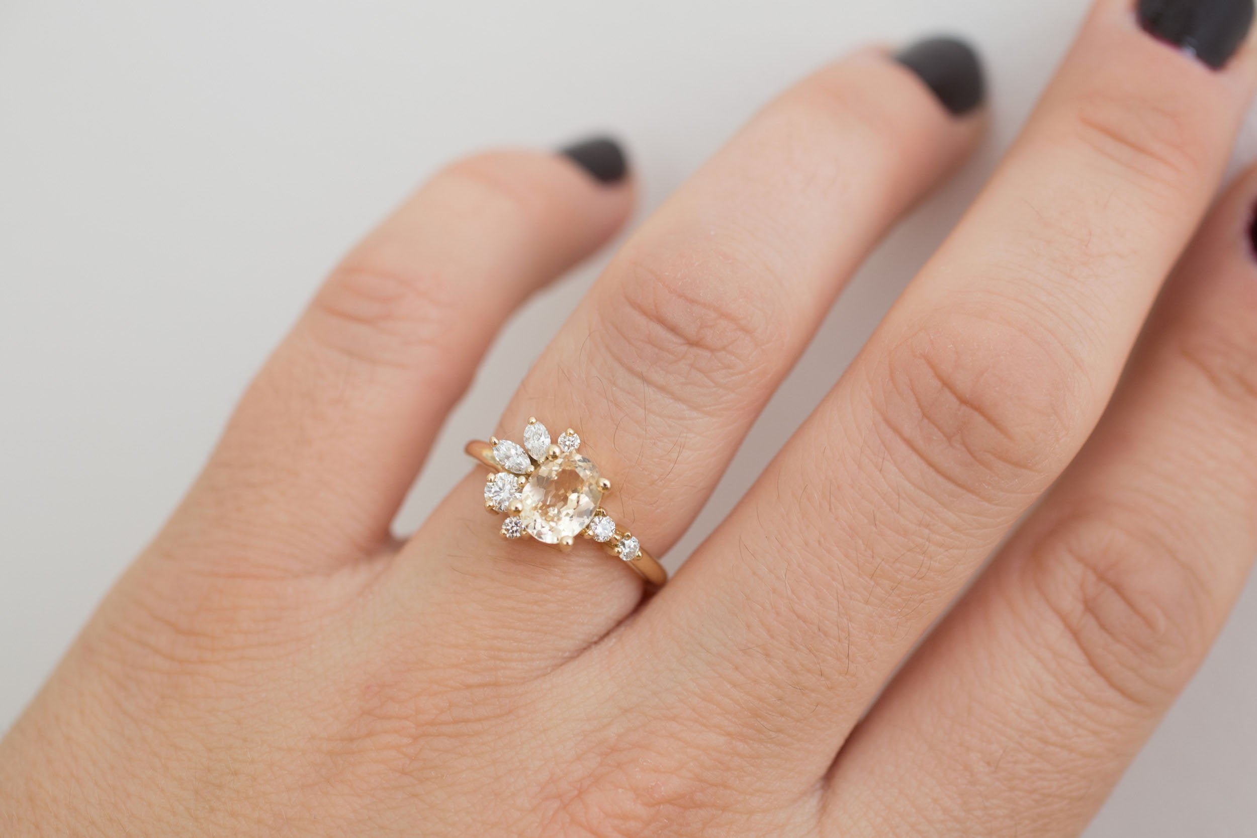 Ambretta Ring | Apricot Oval Sapphire + Diamond Cluster Engagement Ring 1.36 ct | 14k Recycled Gold | One of a Kind