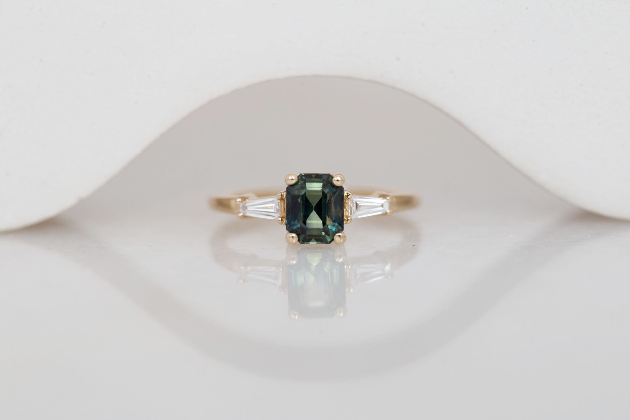 Marlowe Ring | Green Emerald Cut Sapphire + Tapered Baguette Engagement Ring 1.37 ct | 14k Recycled Gold | One of a Kind