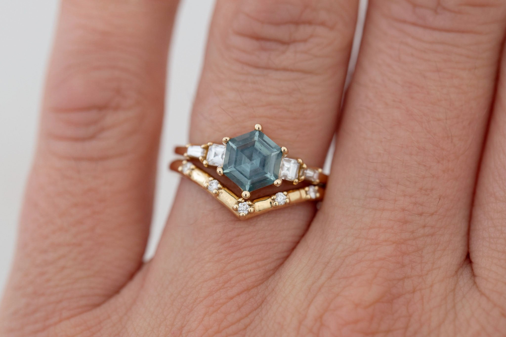 Mira Ring | Mint Montana Hexagon Sapphire + Diamond Step Cut Accent Engagement Ring 1.37 ct | 14k Recycled Gold | One of a Kind