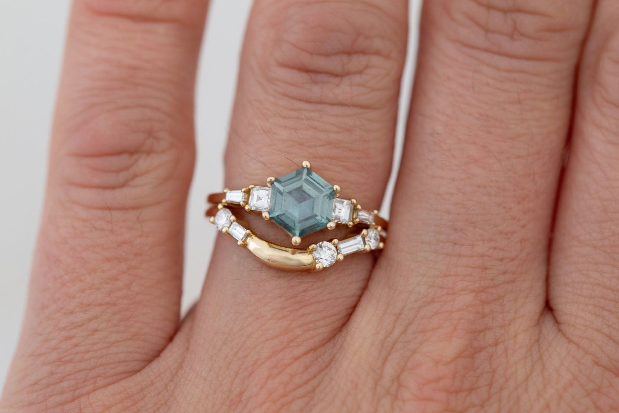 Mira Ring | Mint Montana Hexagon Sapphire + Diamond Step Cut Accent Engagement Ring 1.37 ct | 14k Recycled Gold | One of a Kind