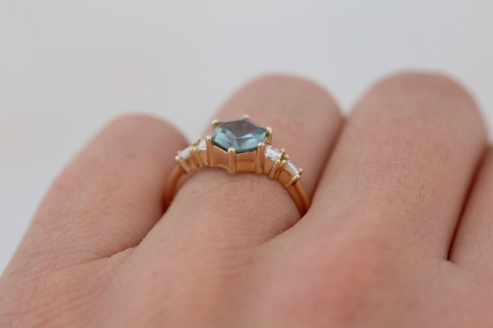 Mira Ring | Mint Montana Hexagon Sapphire + Diamond Step Cut Accent Engagement Ring 1.37 ct | 14k Recycled Gold | One of a Kind