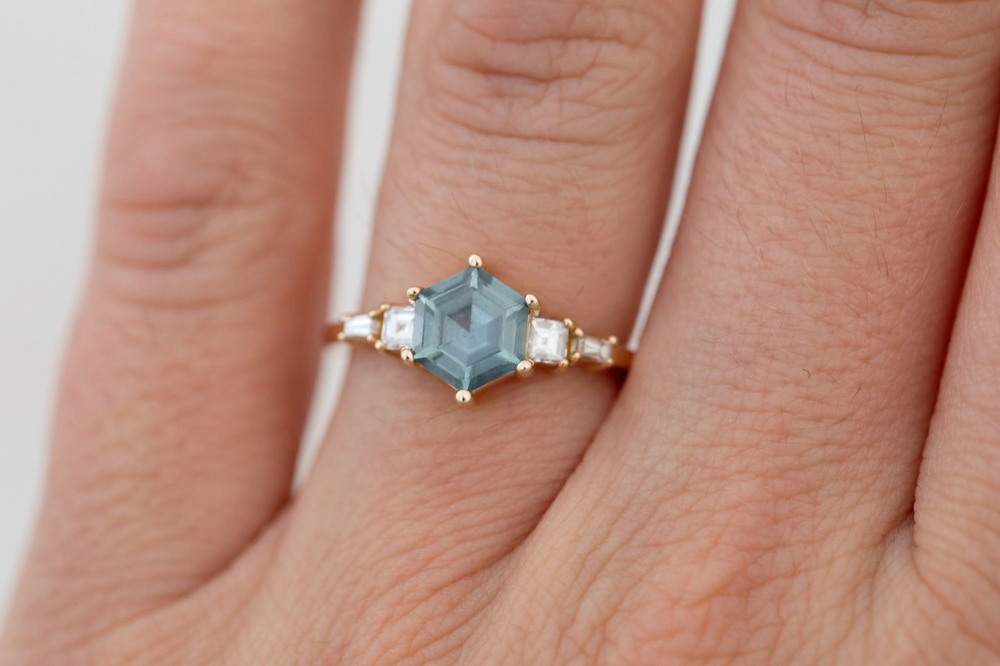 Mira Ring | Mint Montana Hexagon Sapphire + Diamond Step Cut Accent Engagement Ring 1.37 ct | 14k Recycled Gold | One of a Kind