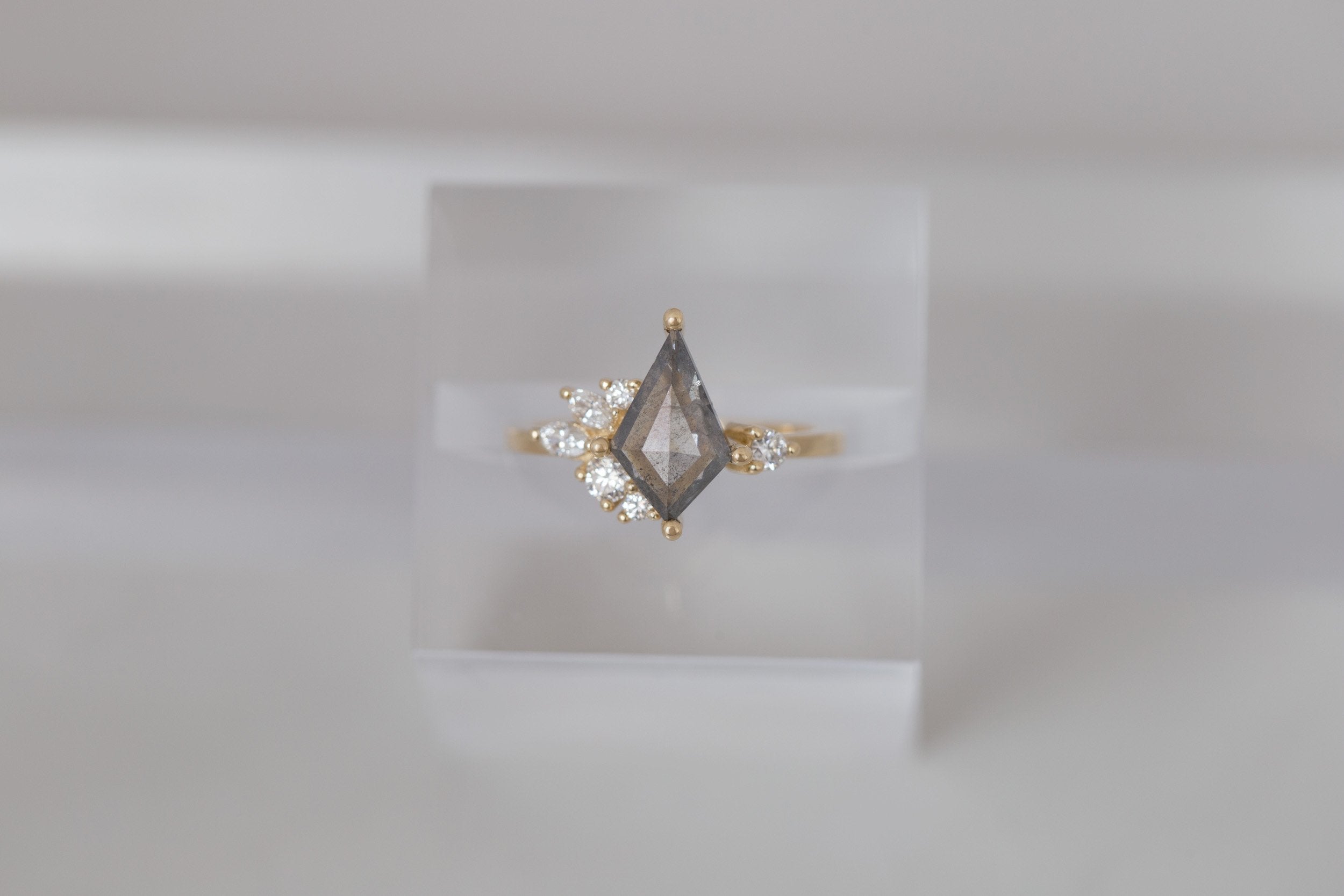 Alden Ring | Salt and Pepper Diamond Kite + Diamond Cluster Engagement Ring 1.37 ct | 14k Recycled Gold | One of a Kind