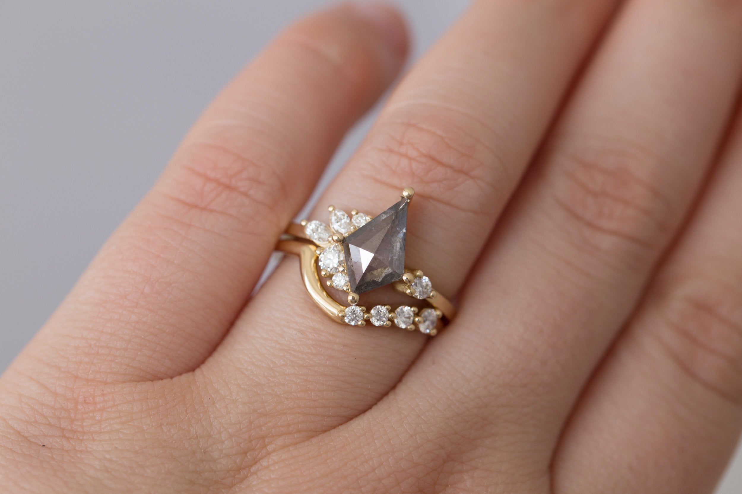 Alden Ring | Salt and Pepper Diamond Kite + Diamond Cluster Engagement Ring 1.37 ct | 14k Recycled Gold | One of a Kind