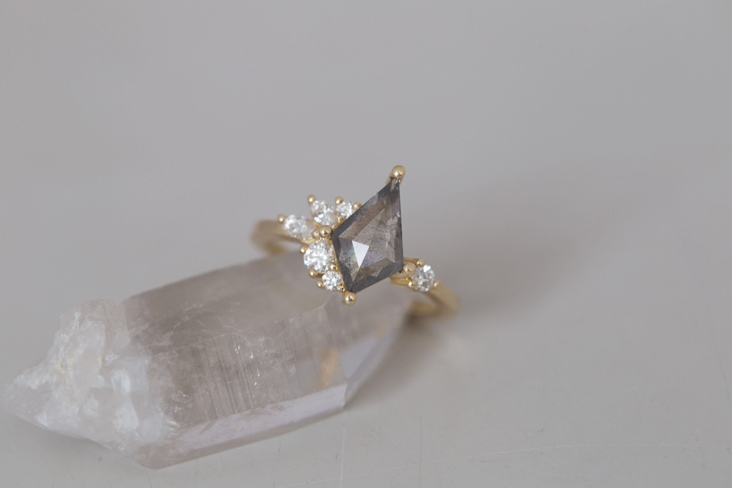 Alden Ring | Salt and Pepper Diamond Kite + Diamond Cluster Engagement Ring 1.37 ct | 14k Recycled Gold | One of a Kind
