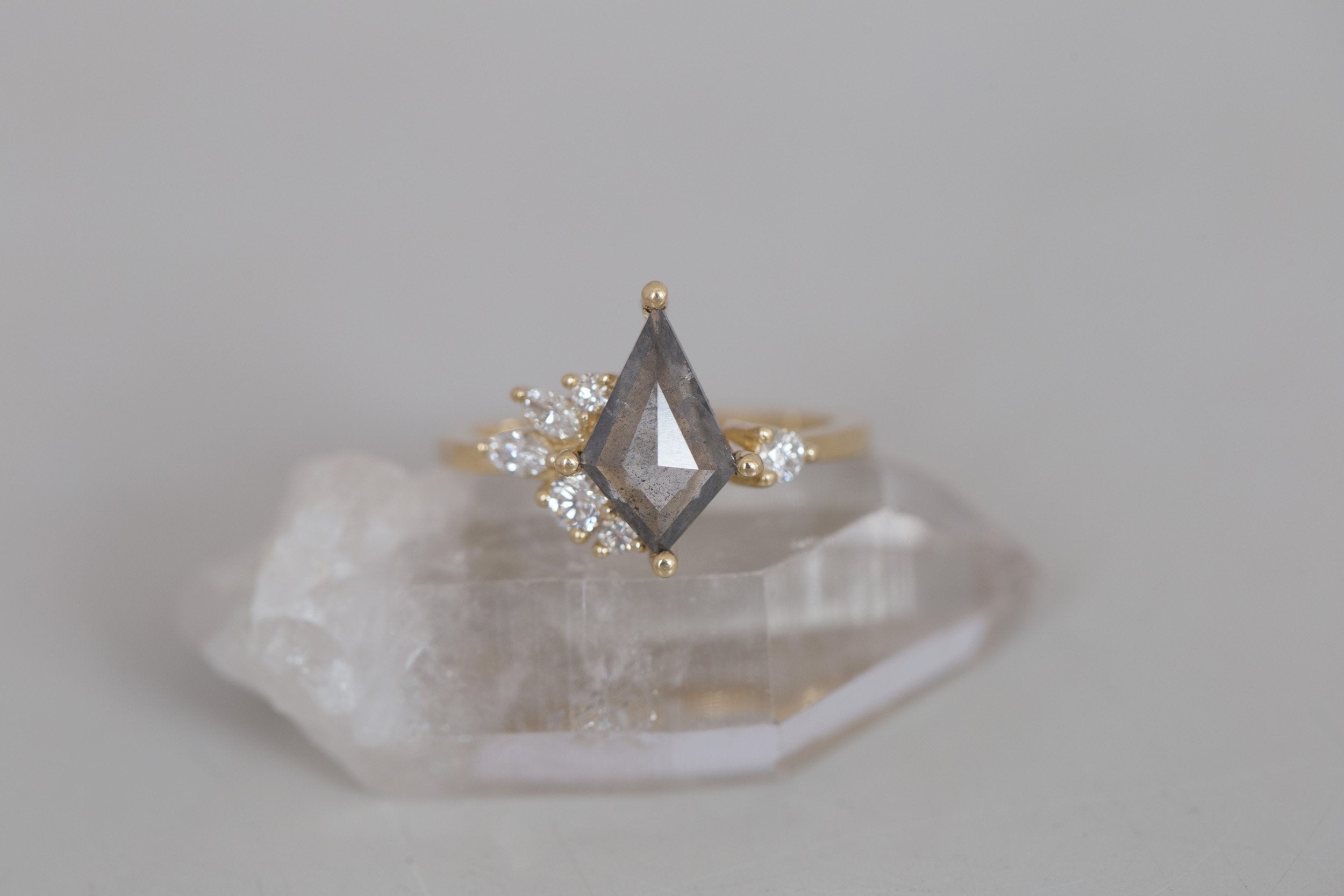 Alden Ring | Salt and Pepper Diamond Kite + Diamond Cluster Engagement Ring 1.37 ct | 14k Recycled Gold | One of a Kind
