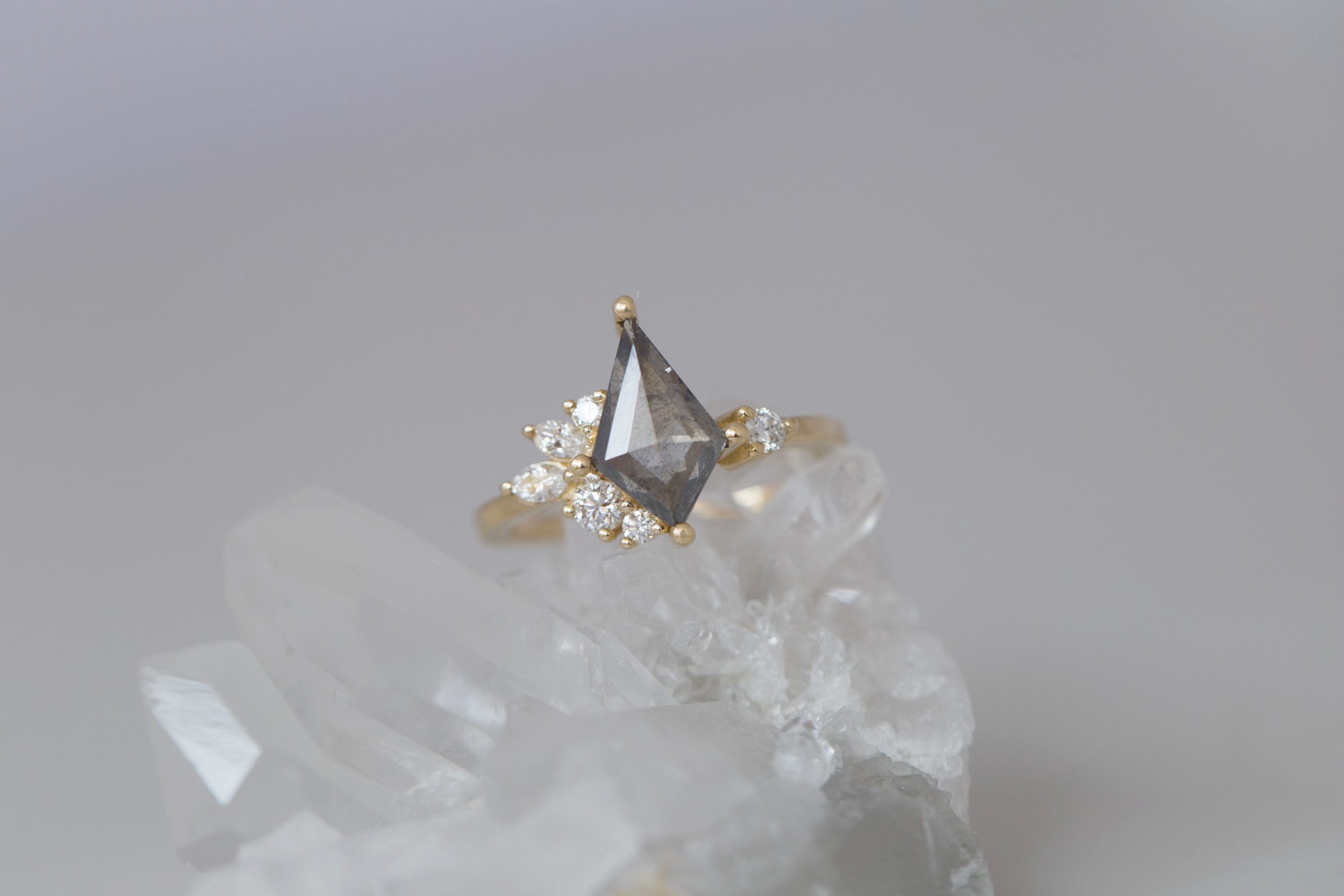 Alden Ring | Salt and Pepper Diamond Kite + Diamond Cluster Engagement Ring 1.37 ct | 14k Recycled Gold | One of a Kind