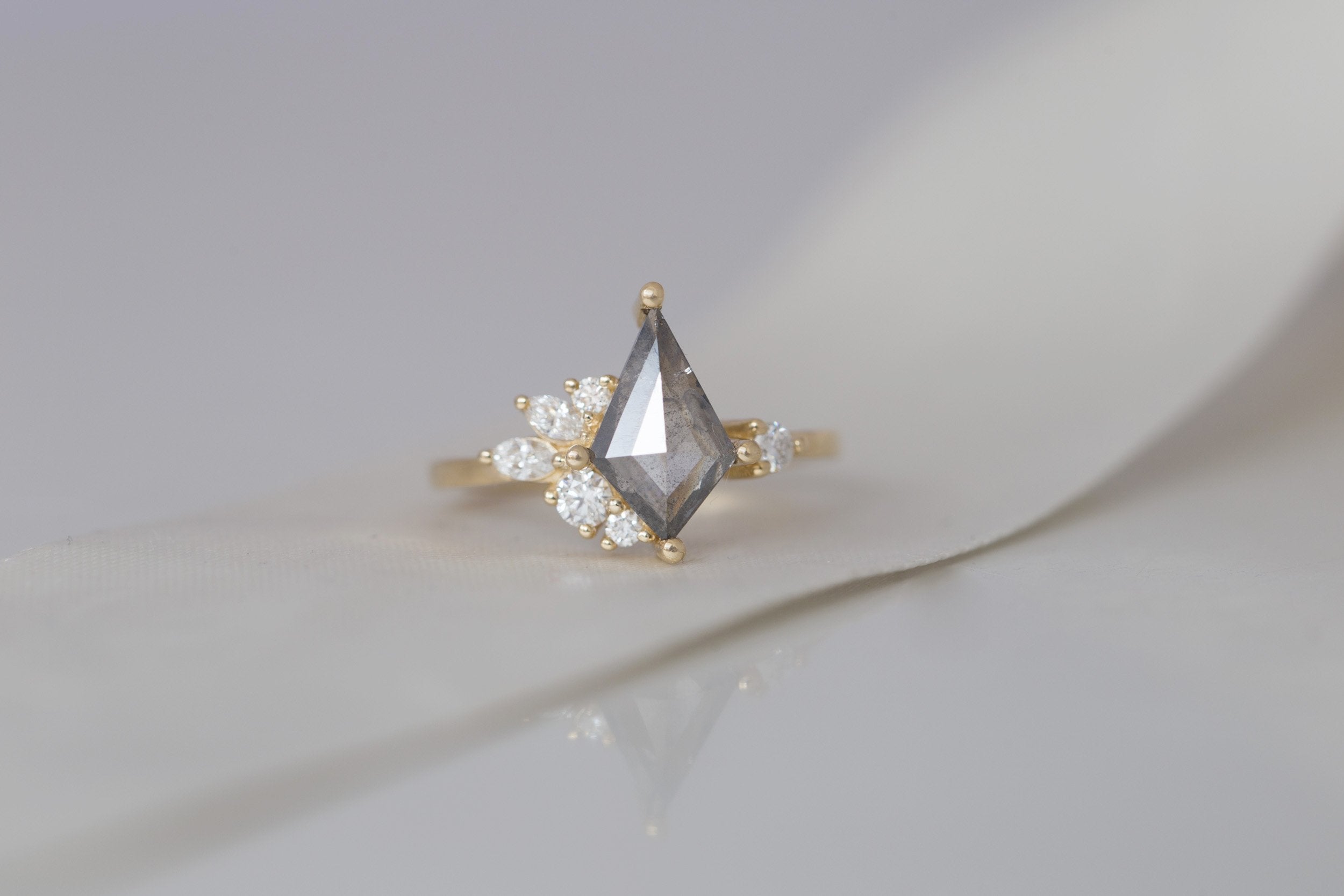 Alden Ring | Salt and Pepper Diamond Kite + Diamond Cluster Engagement Ring 1.37 ct | 14k Recycled Gold | One of a Kind