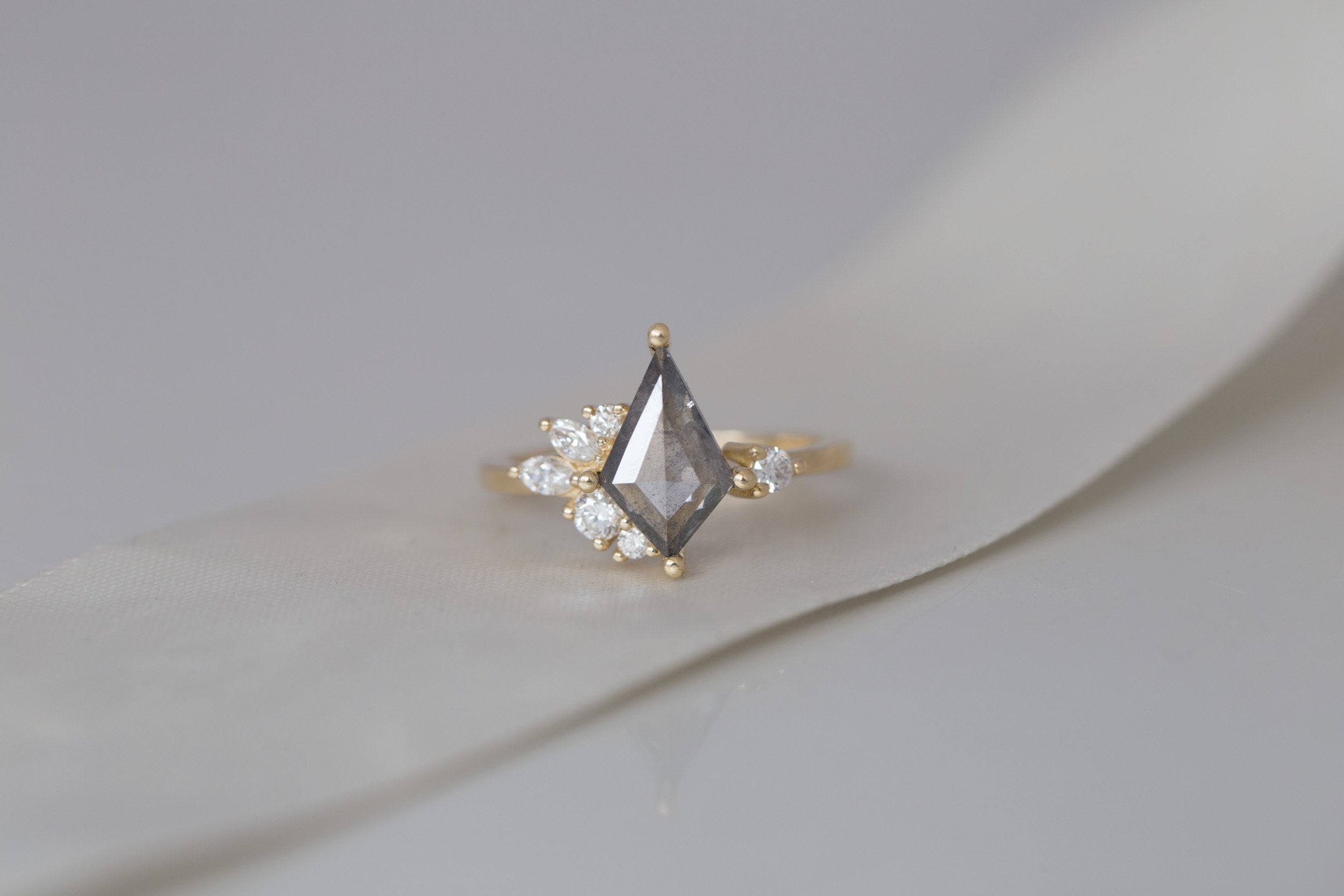 Alden Ring | Salt and Pepper Diamond Kite + Diamond Cluster Engagement Ring 1.37 ct | 14k Recycled Gold | One of a Kind