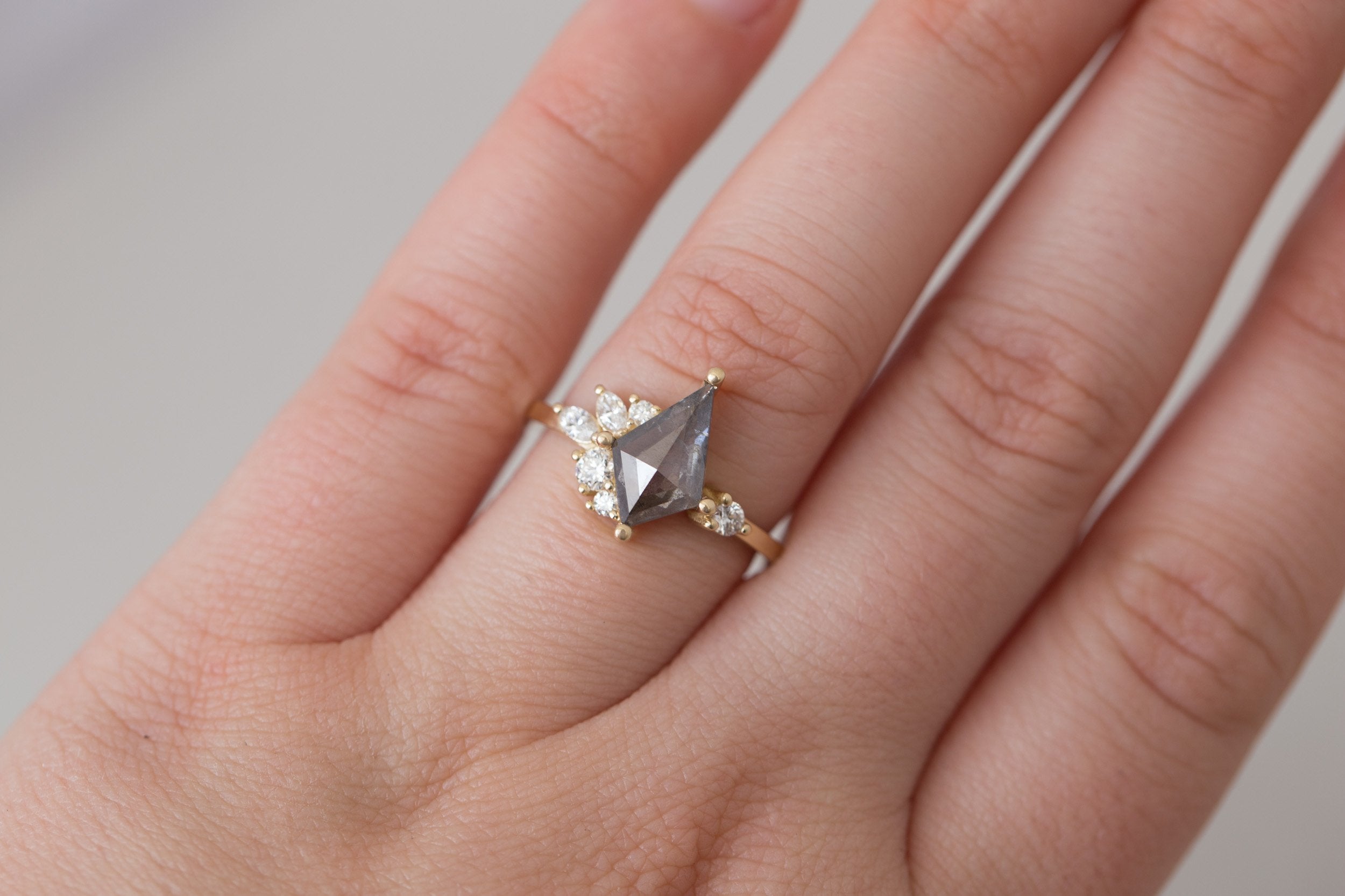 Alden Ring | Salt and Pepper Diamond Kite + Diamond Cluster Engagement Ring 1.37 ct | 14k Recycled Gold | One of a Kind