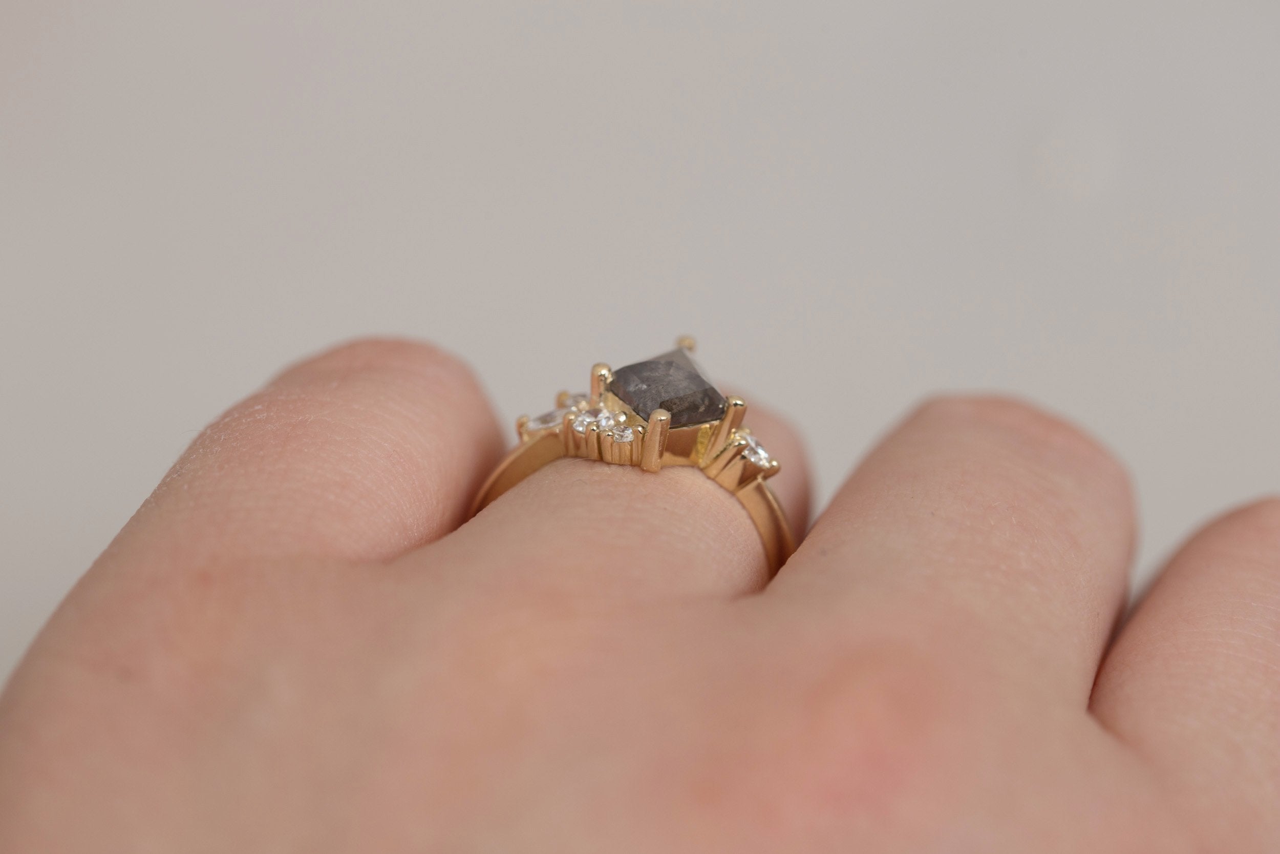 Alden Ring | Salt and Pepper Diamond Kite + Diamond Cluster Engagement Ring 1.37 ct | 14k Recycled Gold | One of a Kind