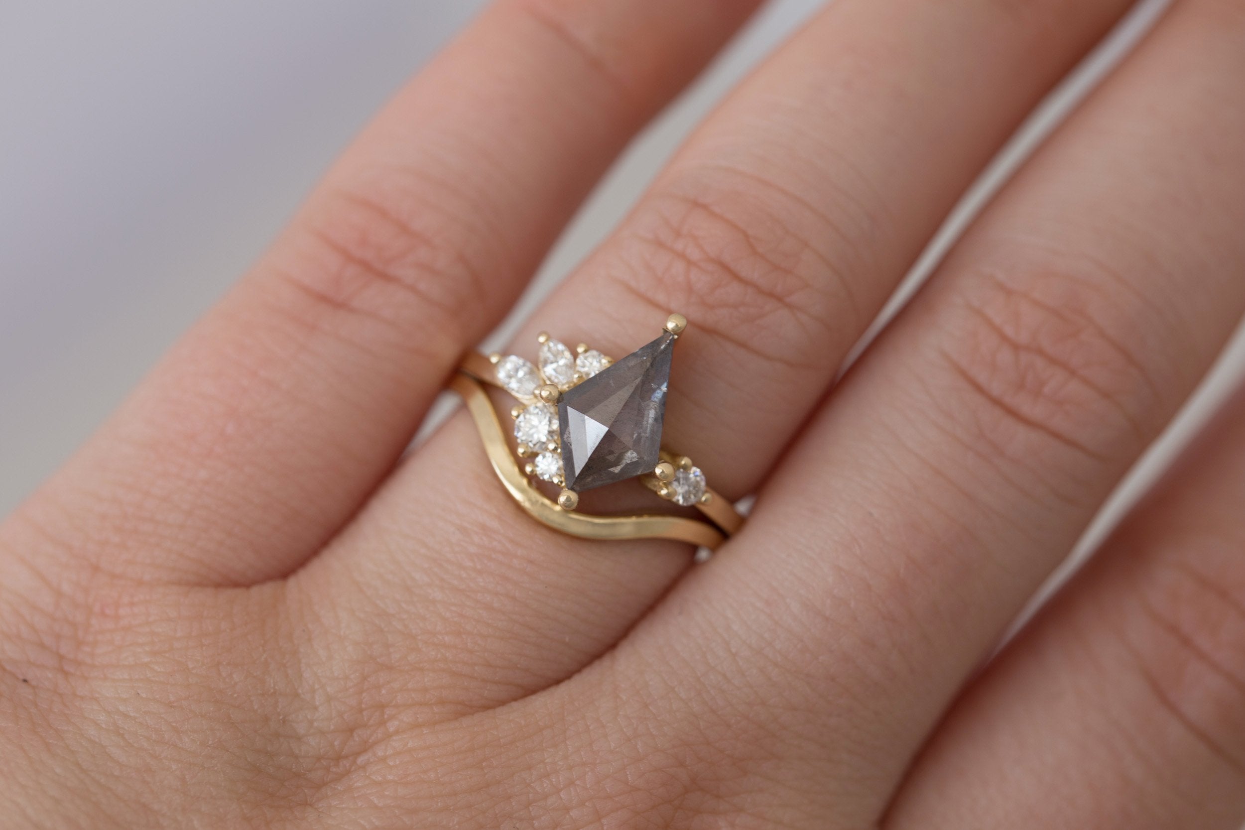 Alden Ring | Salt and Pepper Diamond Kite + Diamond Cluster Engagement Ring 1.37 ct | 14k Recycled Gold | One of a Kind