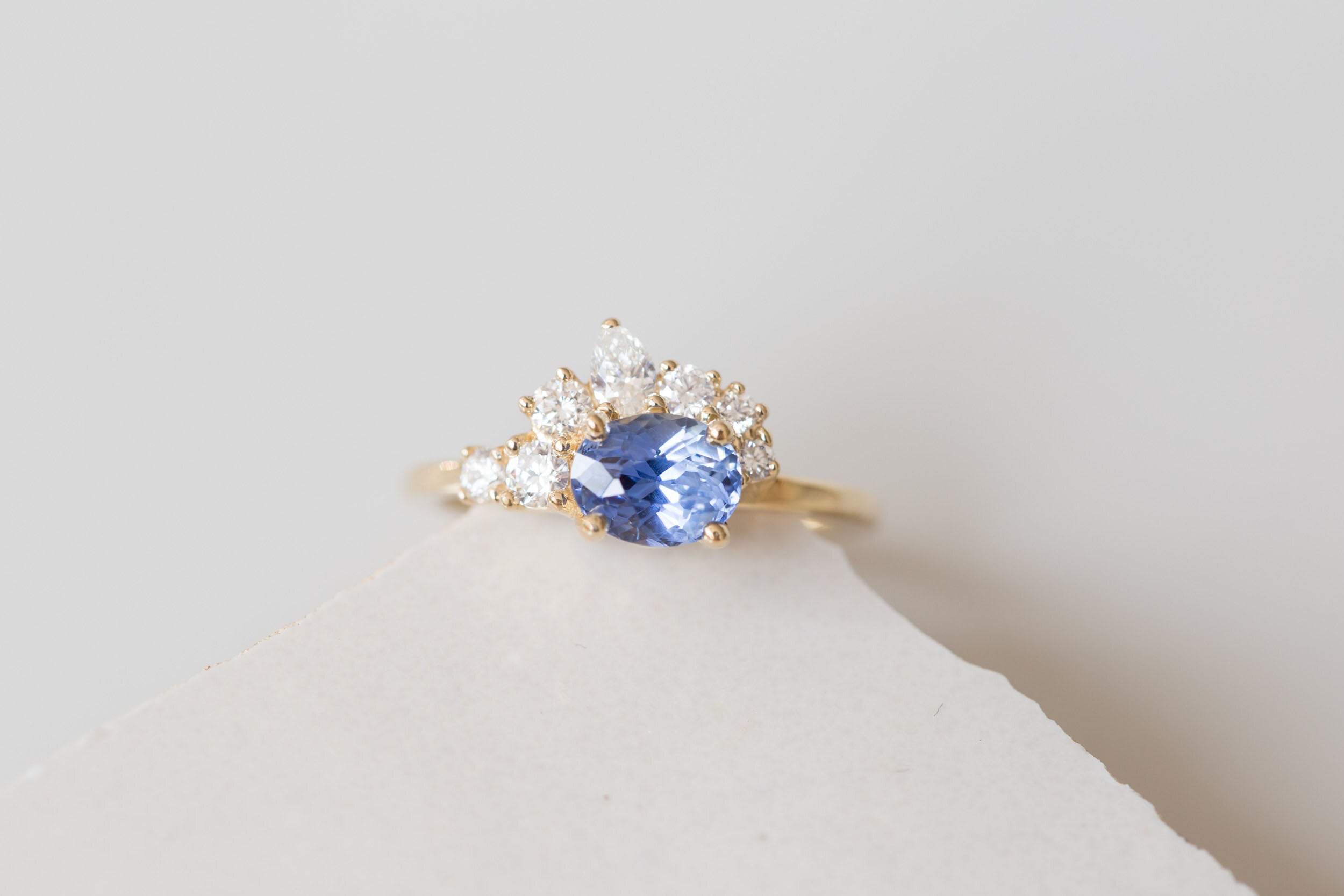 Hana Ring | Blue Oval Sapphire + Diamond Cluster Engagement Ring 1.32 ct | 14k Recycled Gold | One of a Kind