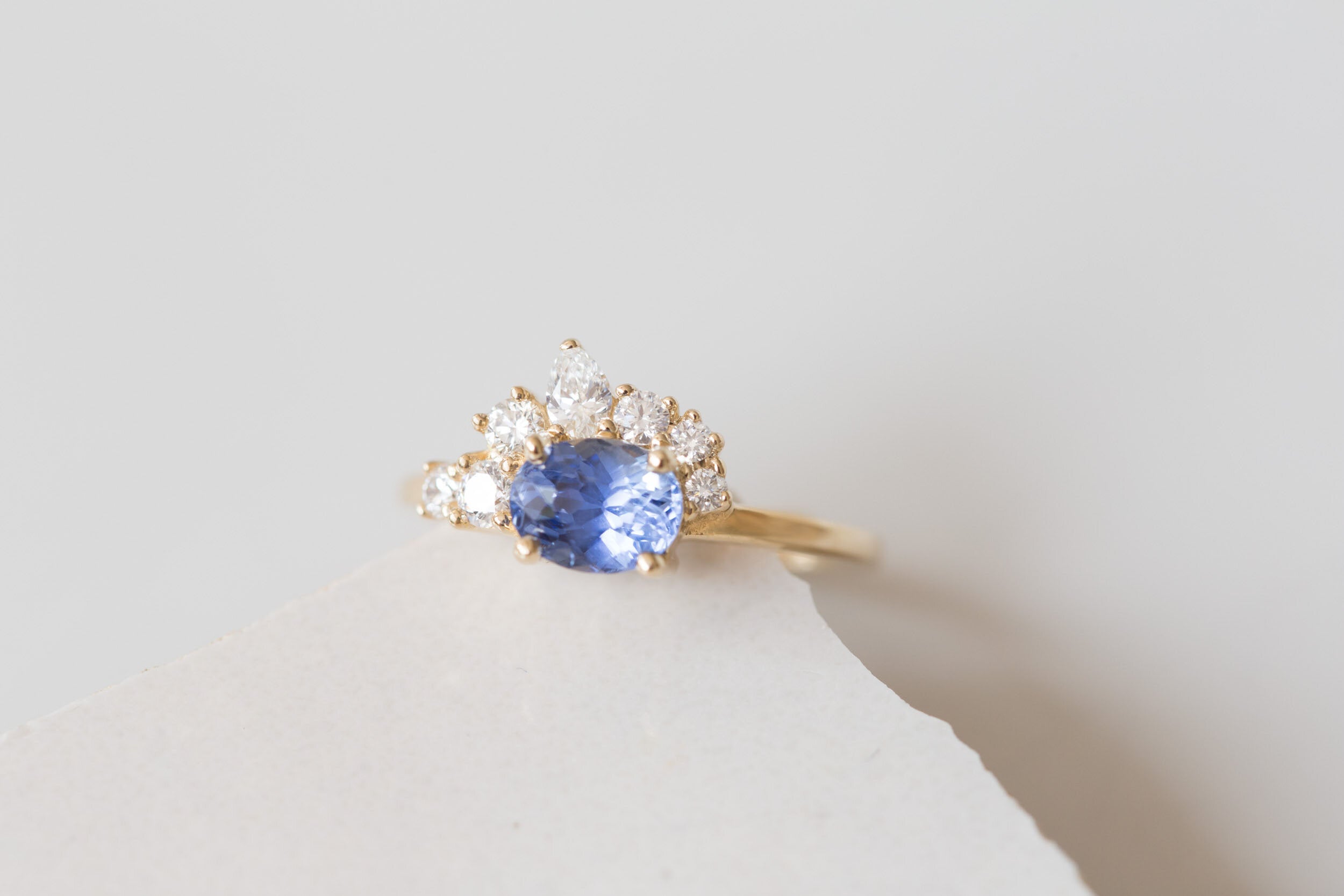Hana Ring | Blue Oval Sapphire + Diamond Cluster Engagement Ring 1.32 ct | 14k Recycled Gold | One of a Kind