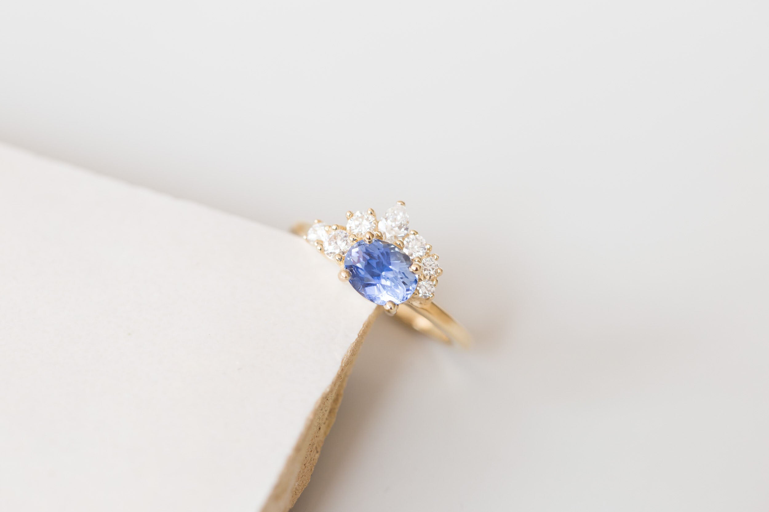 Hana Ring | Blue Oval Sapphire + Diamond Cluster Engagement Ring 1.32 ct | 14k Recycled Gold | One of a Kind