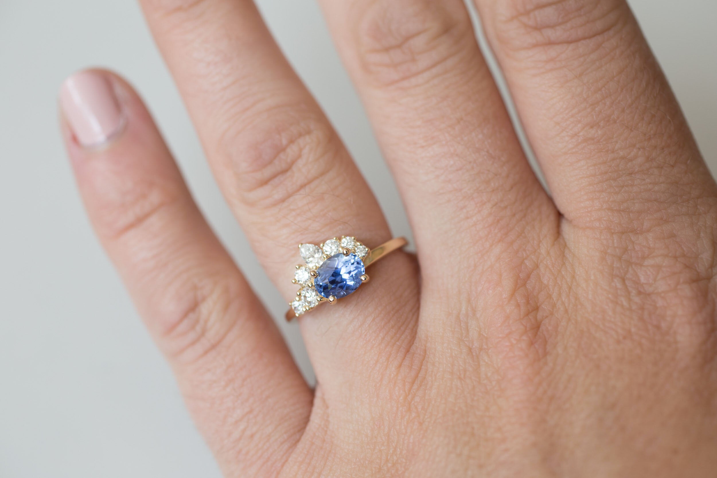 Hana Ring | Blue Oval Sapphire + Diamond Cluster Engagement Ring 1.32 ct | 14k Recycled Gold | One of a Kind
