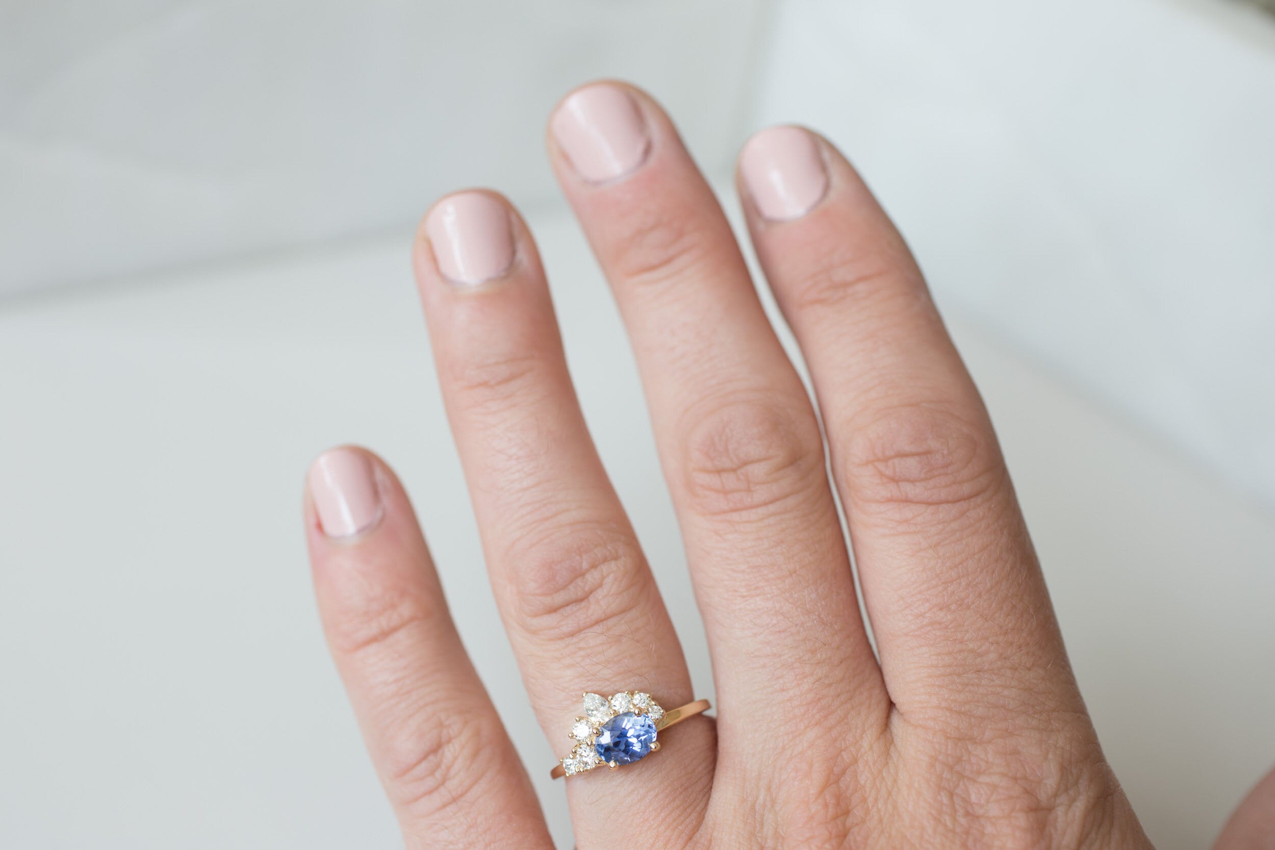 Hana Ring | Blue Oval Sapphire + Diamond Cluster Engagement Ring 1.32 ct | 14k Recycled Gold | One of a Kind