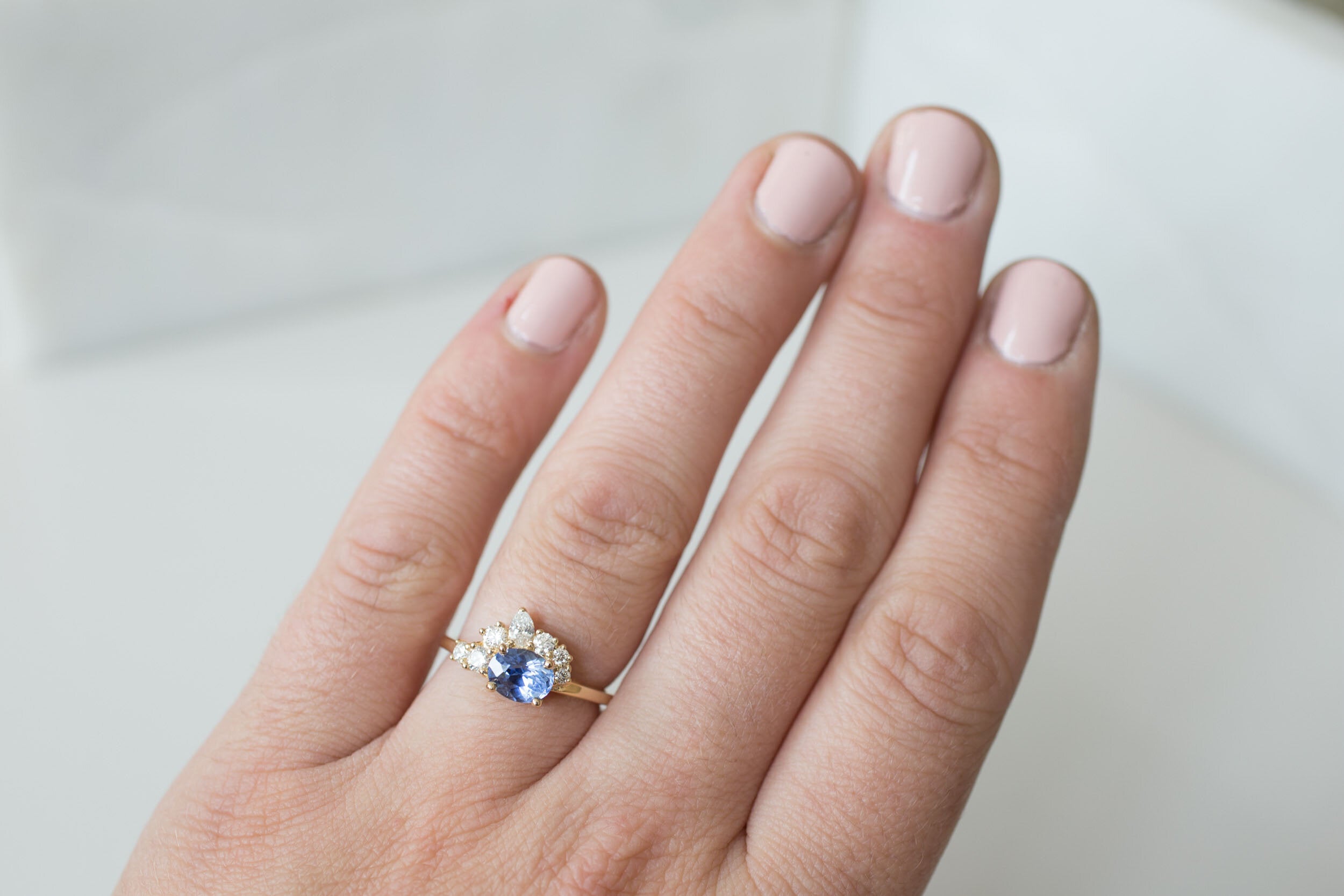 Hana Ring | Blue Oval Sapphire + Diamond Cluster Engagement Ring 1.32 ct | 14k Recycled Gold | One of a Kind