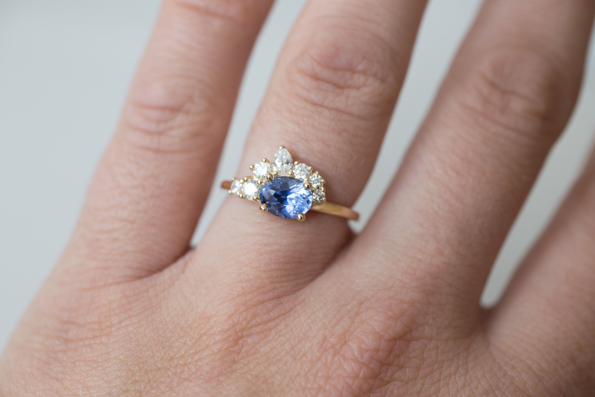 Hana Ring | Blue Oval Sapphire + Diamond Cluster Engagement Ring 1.32 ct | 14k Recycled Gold | One of a Kind