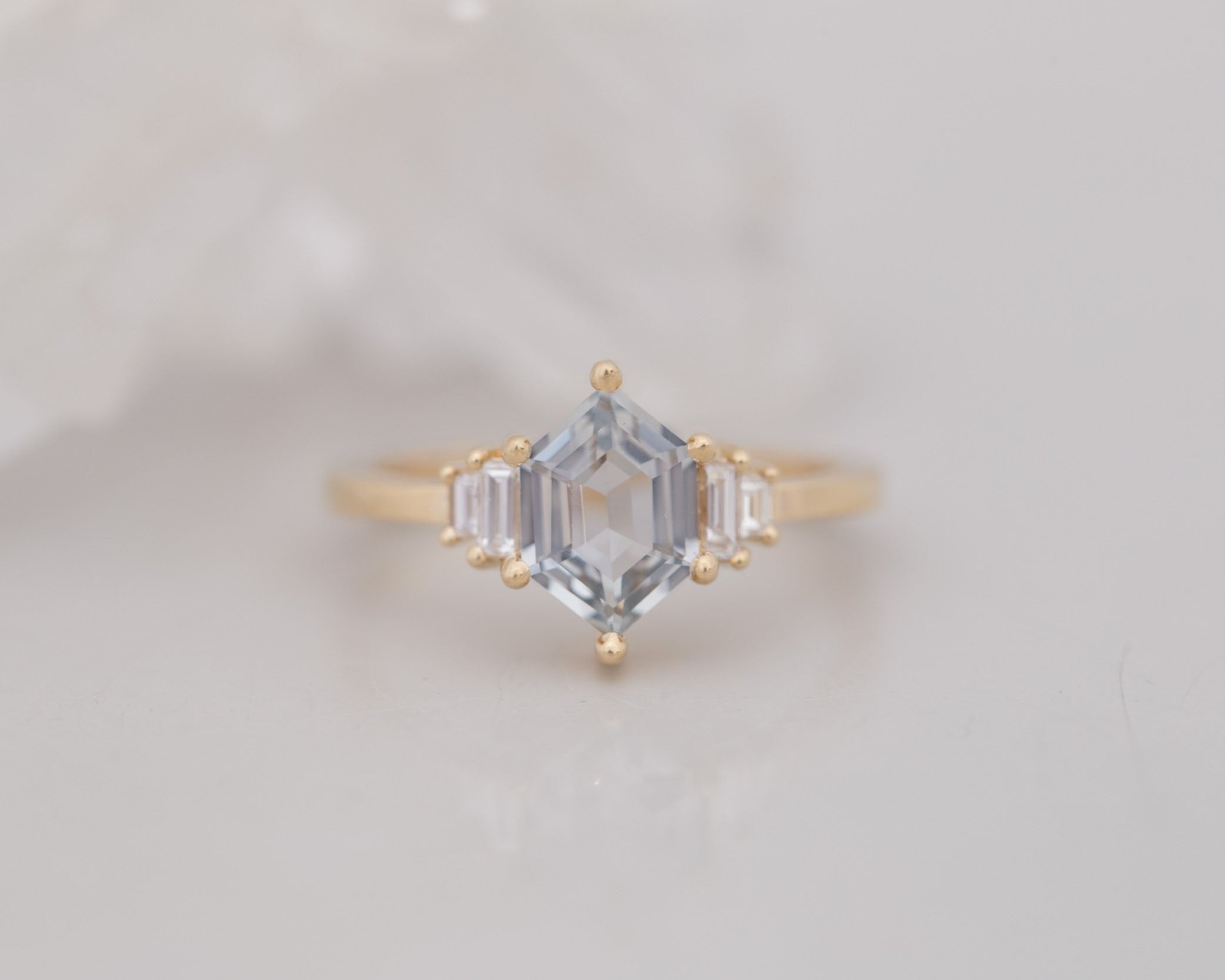 Ash Ring | Grey Hexagonal Sapphire + Diamond Baguette Engagement Ring 1.39 ct | 14k Recycled Yellow Gold | One of a Kind